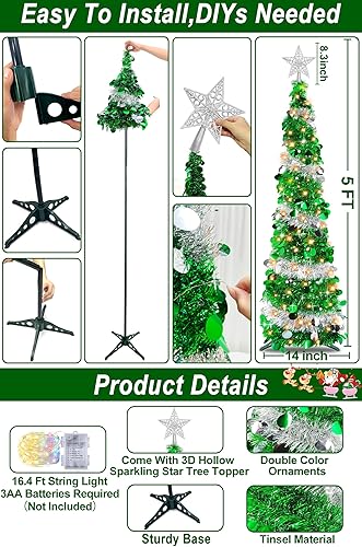 Miniatura 8 de TURNMEON Árbol de Navidad preiluminado de 5 pies con temporizador, 50 luces cálidas, estrella de oropel delgado con purpurina, decoración de árbol