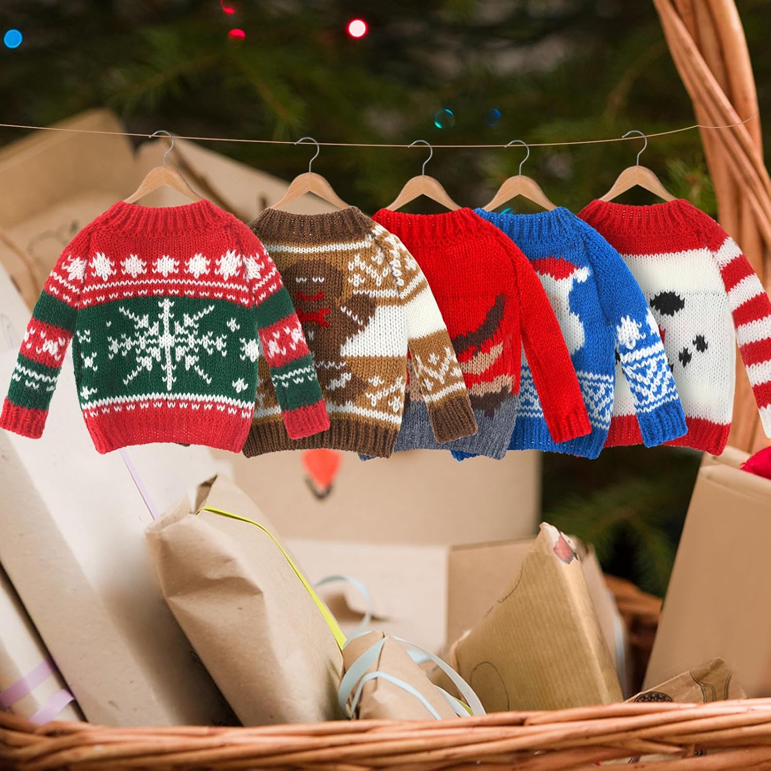 6 Pcs Christmas Doll Clothes Accessories Sweater Set Winter Christmas Doll Outfits Snowflake Snowman Print Knitted Clothing for Decor