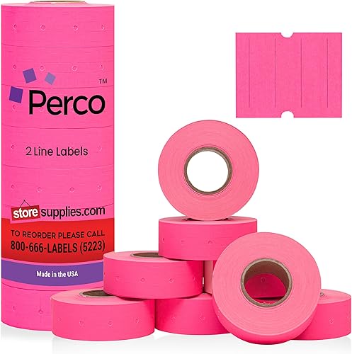 Perco Etiquetas de color rosa fluorescente de 2 líneas, 8 rollos, 1 manga, 6,000 etiquetas de precio en blanco y fecha para pistolas Perco de 2