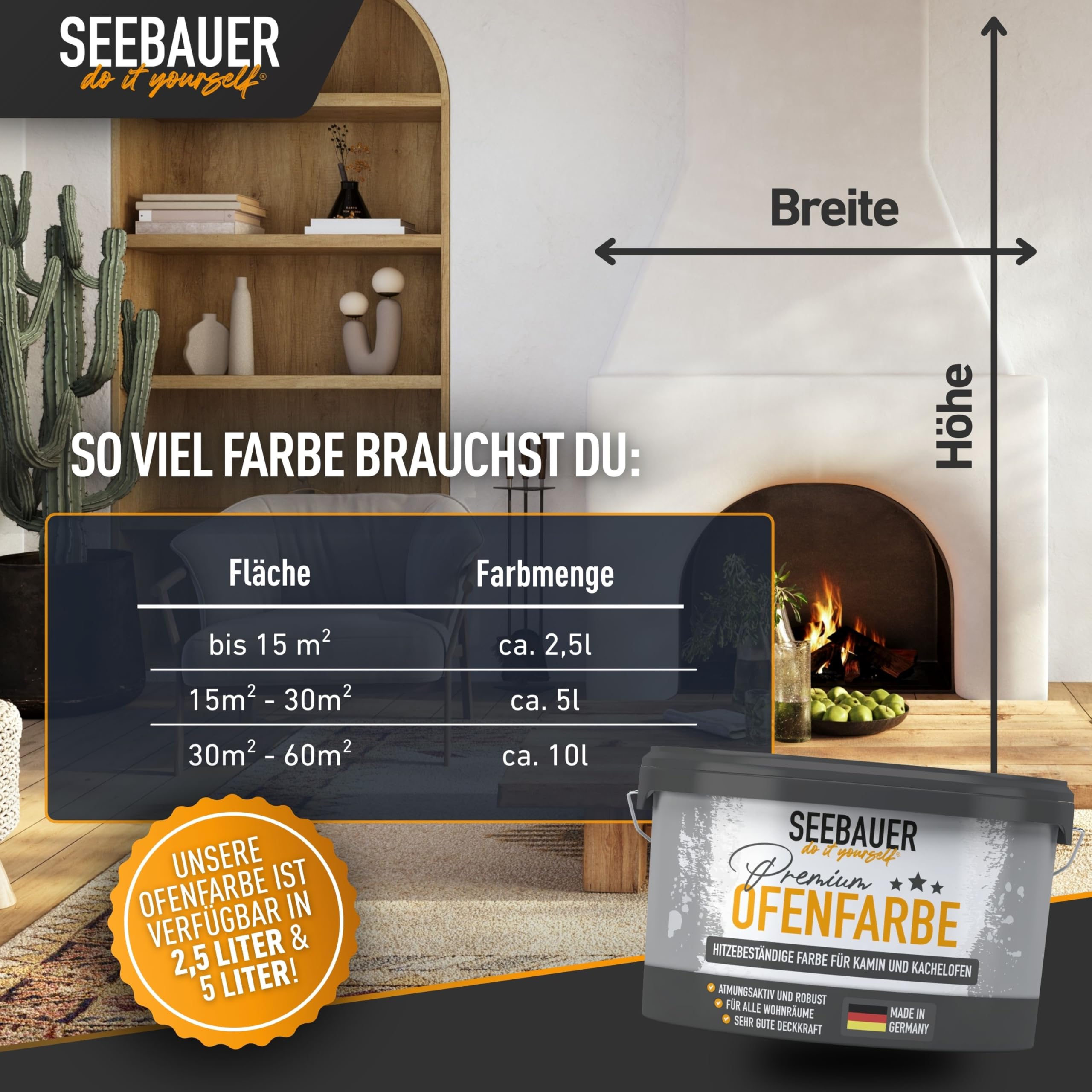 Ofenfarbe Weiß für Innen 2,5L (No. 000 Weiß) - Hitzebeständige Wandfarbe für Putz, Beton & Mauerwerk - Abwaschbare Farbe für Kamin und Kachelofen