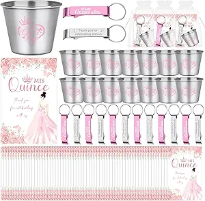 60 Set Quinceanera Party Favors for Guests Quinceanera 1.5 oz Short Stainless Steel Shot Glass Bottle Opener Thank You Card Organza Bag Birthday Sweet 15 or 16 Year Old Quinceanera Party Favor