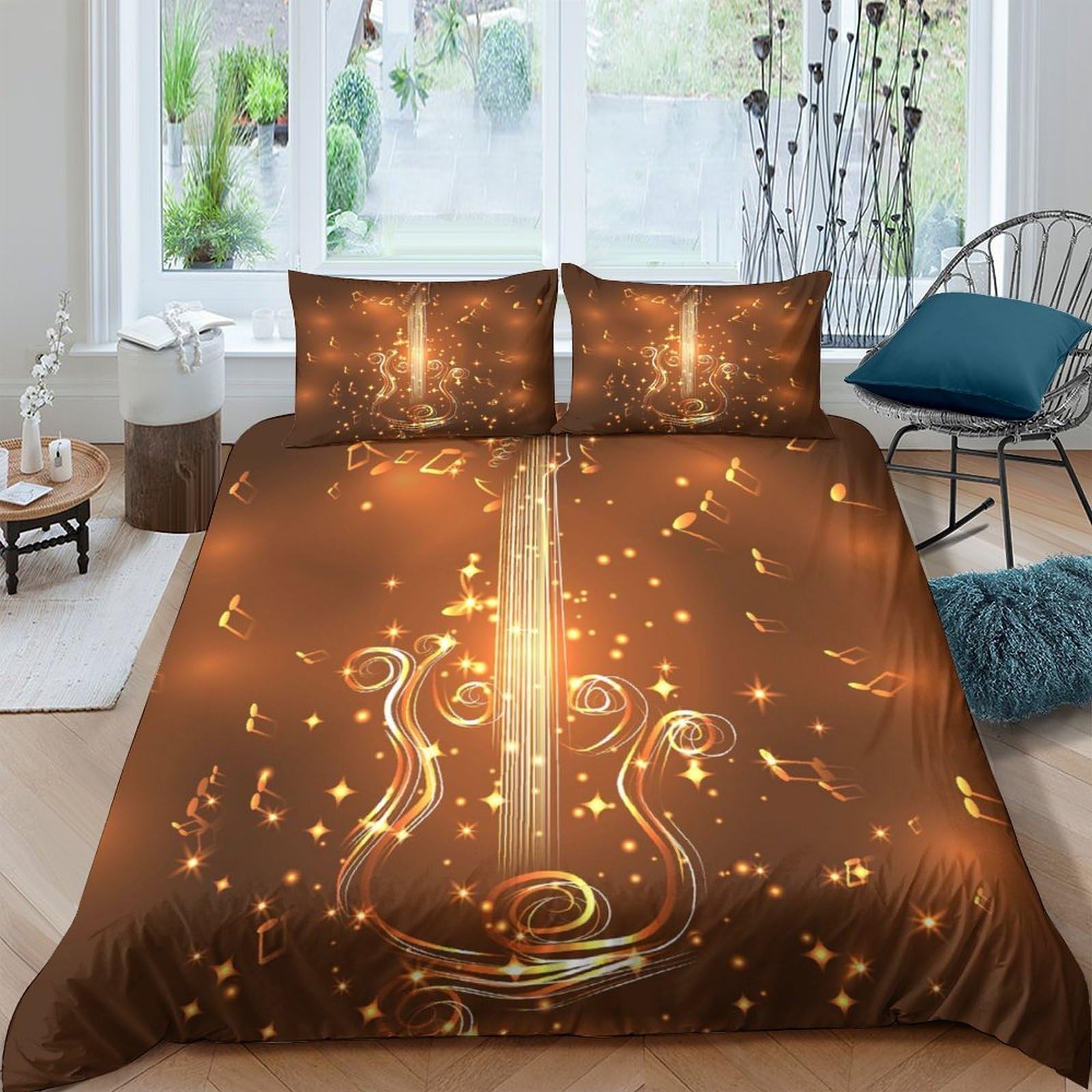 Ctjqhvkz Style-9 3D Printed Guitar Lights Fitted Sheet Microfiber Brown Bed Cover For Bedroom Guest Room Mattress Protection Single（135X200cm）