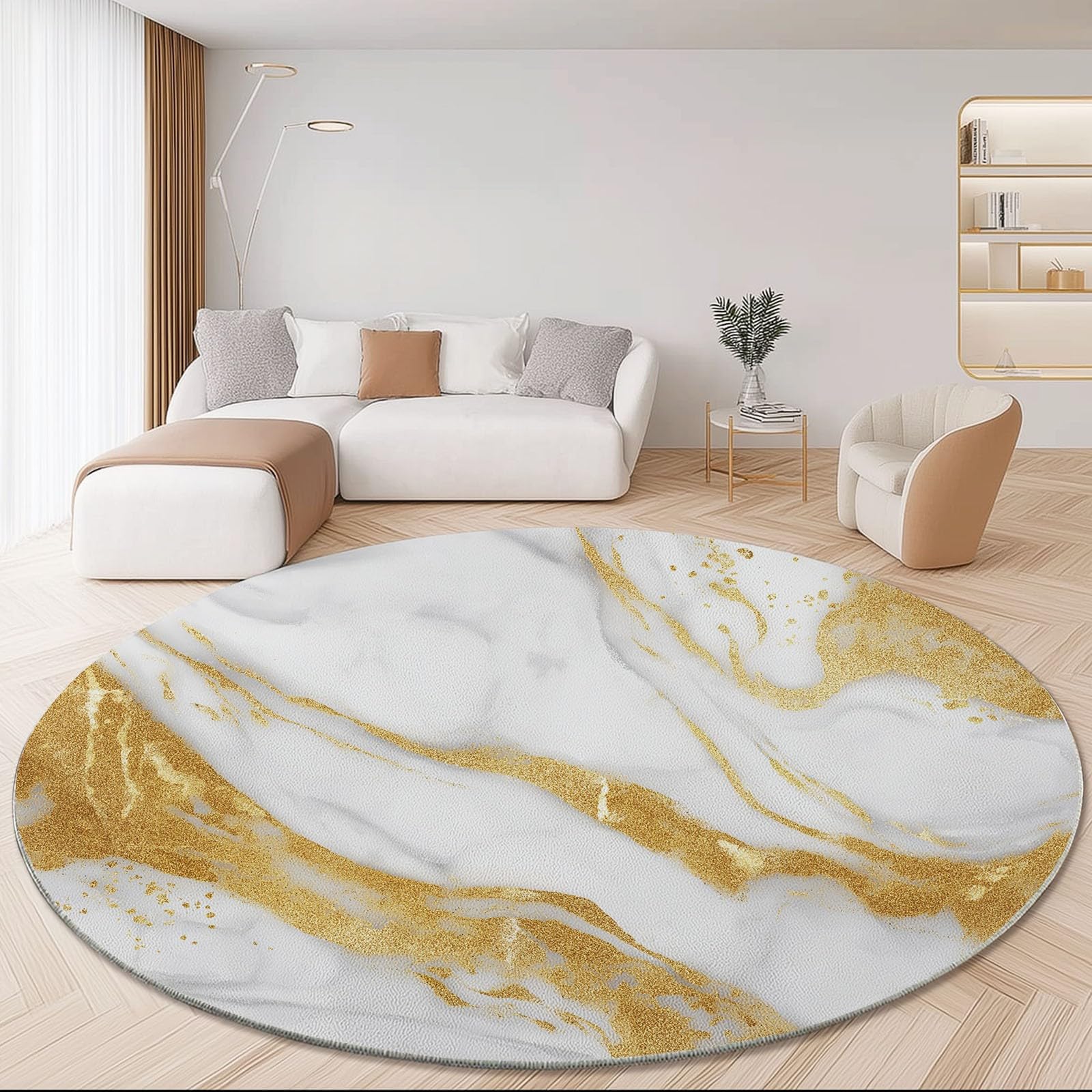 Tapis salon rond imprimé abstrait 120cm salle à manger or chic