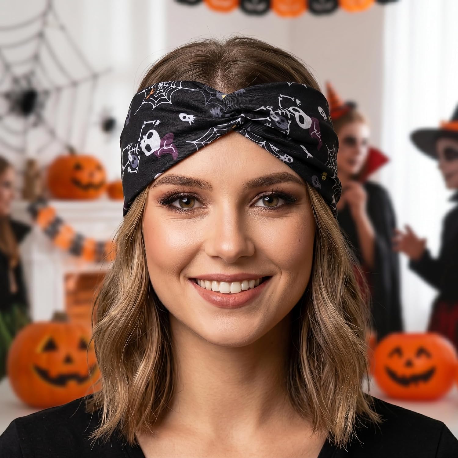 Lonext Halloween Headbands for Women, Knotted Style, Spooky Ghost Pumpkin Spider Skeleton Theme, Hair Accessories, Pack of 6 image 3
