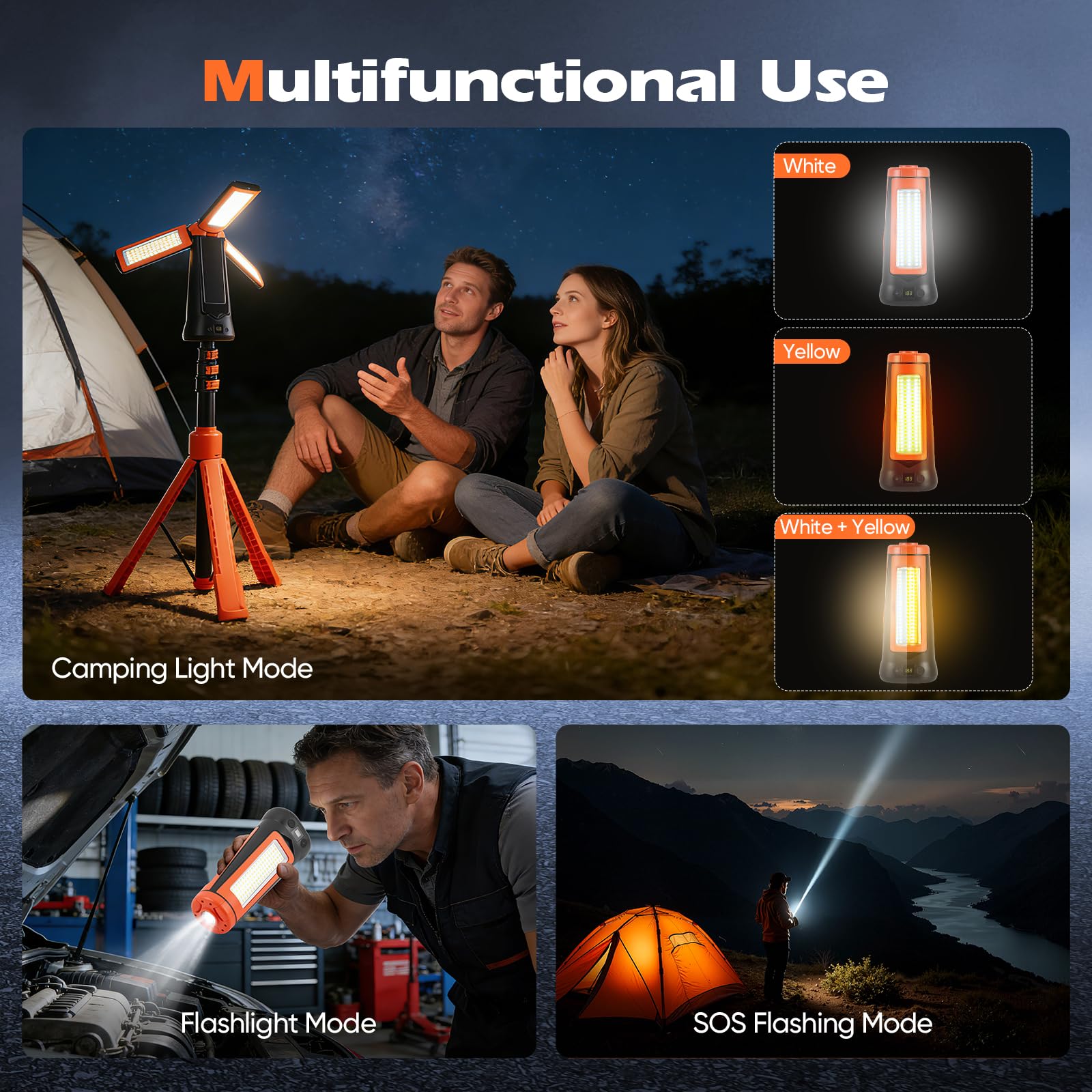 Lampada da campeggio LED ricaricabile con supporto, pannelli girevoli a 180° + telecomando, faretto LED ricaricabile per campeggio, lavoro, illuminazione di emergenza e attività all'aperto