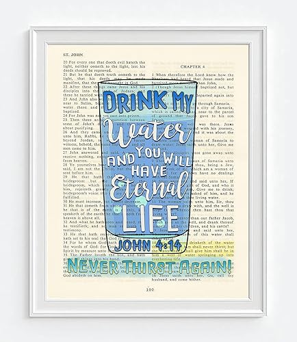 Miniatura 3 de Escritura de versículos bíblicos vintage  Bebe mi agua y tendrás vida eterna, nunca más sed  Impresión artística de Juan 414, sin marco, pared