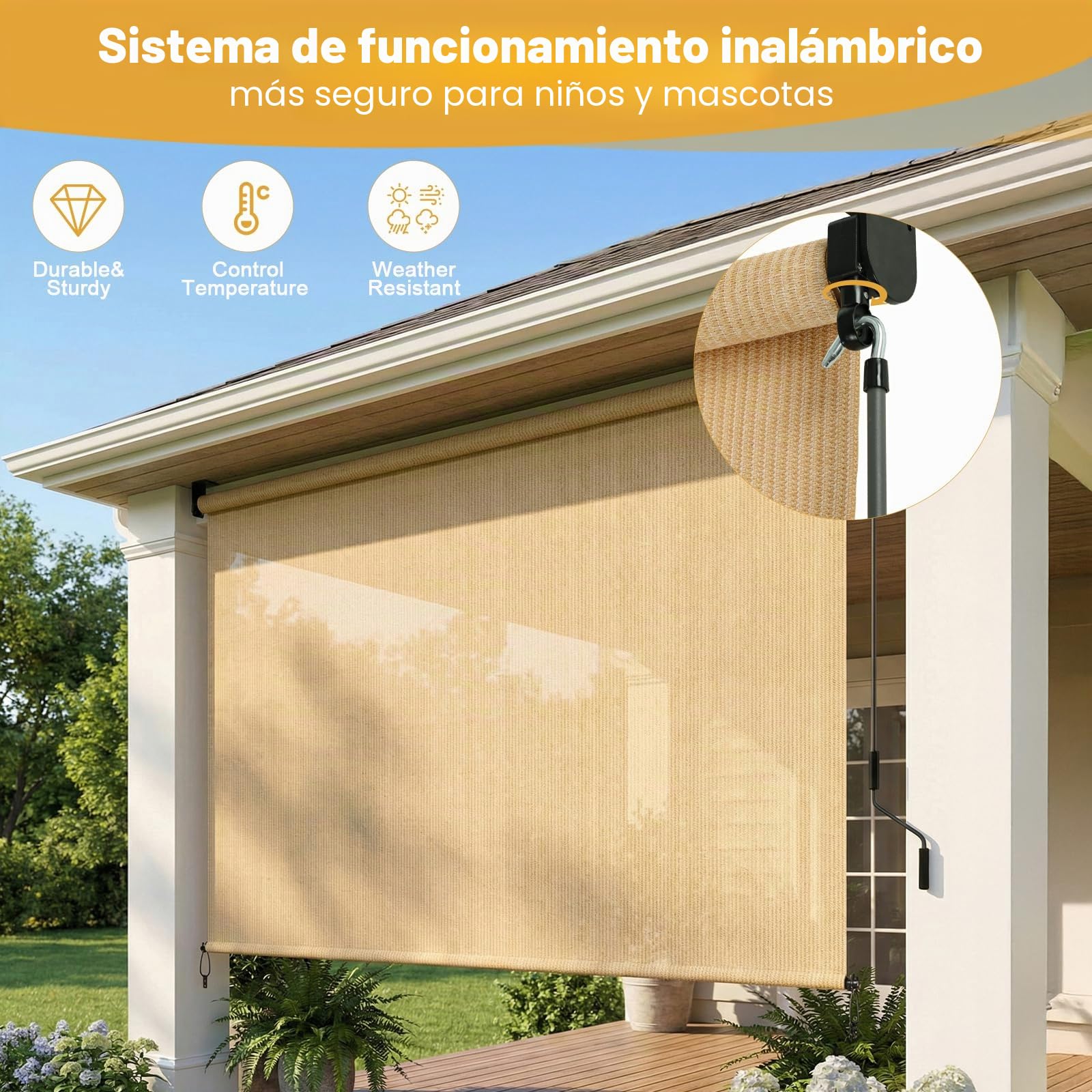 LIFERUN Toldo vertical de 180 x 240 cm, toldo vertical, HDPE para pérgola de terraza, toldo de balcón, tubo de aluminio con manivela inalámbrica, para balcón, terraza, jardín, caqui, 1 unidad
