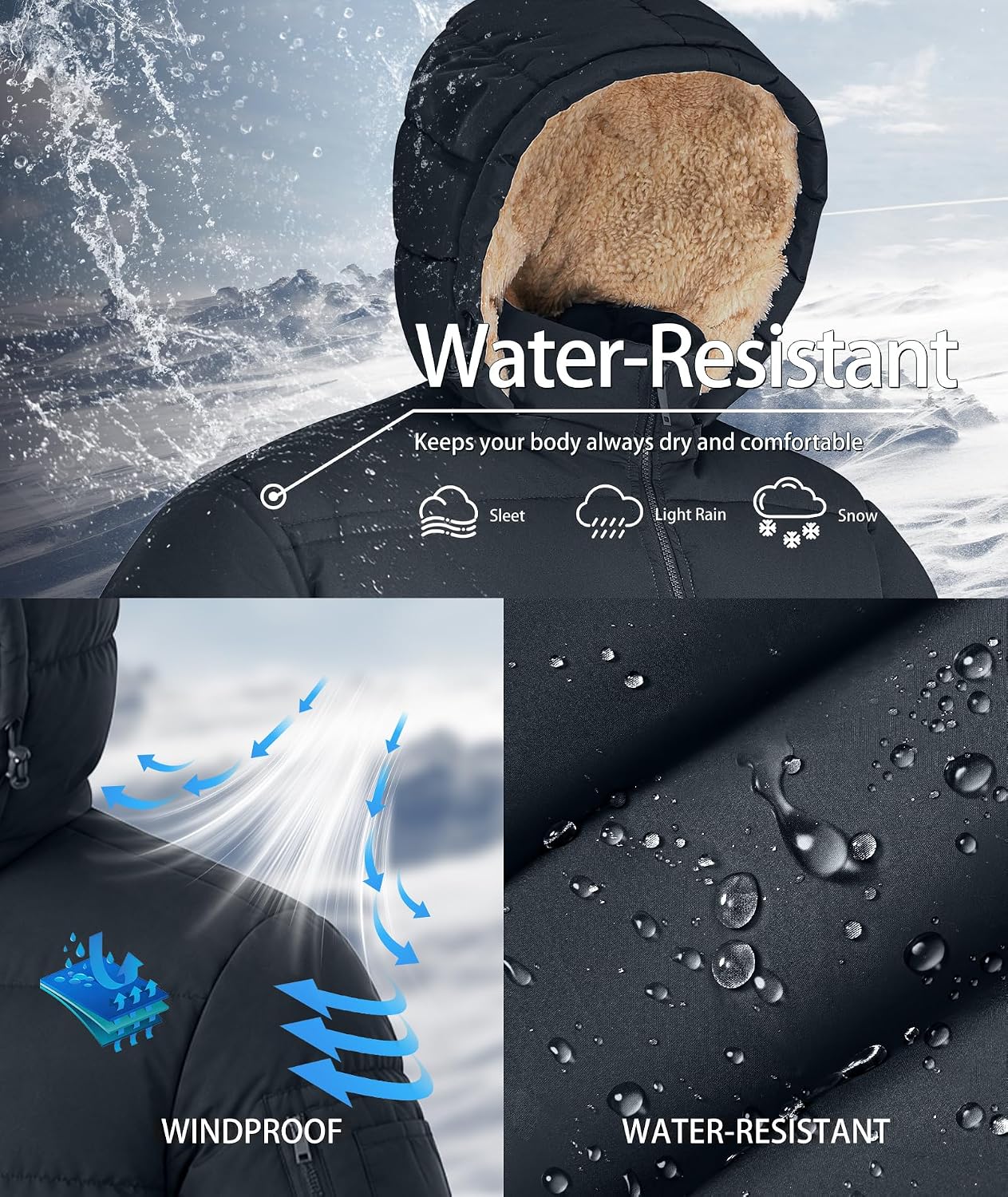 ZITY Mens Winter Jackets Warm Puffer Coat Sherpa Fleece Parka Water-Resistant Heavyweight Insulated Jacket with Hood