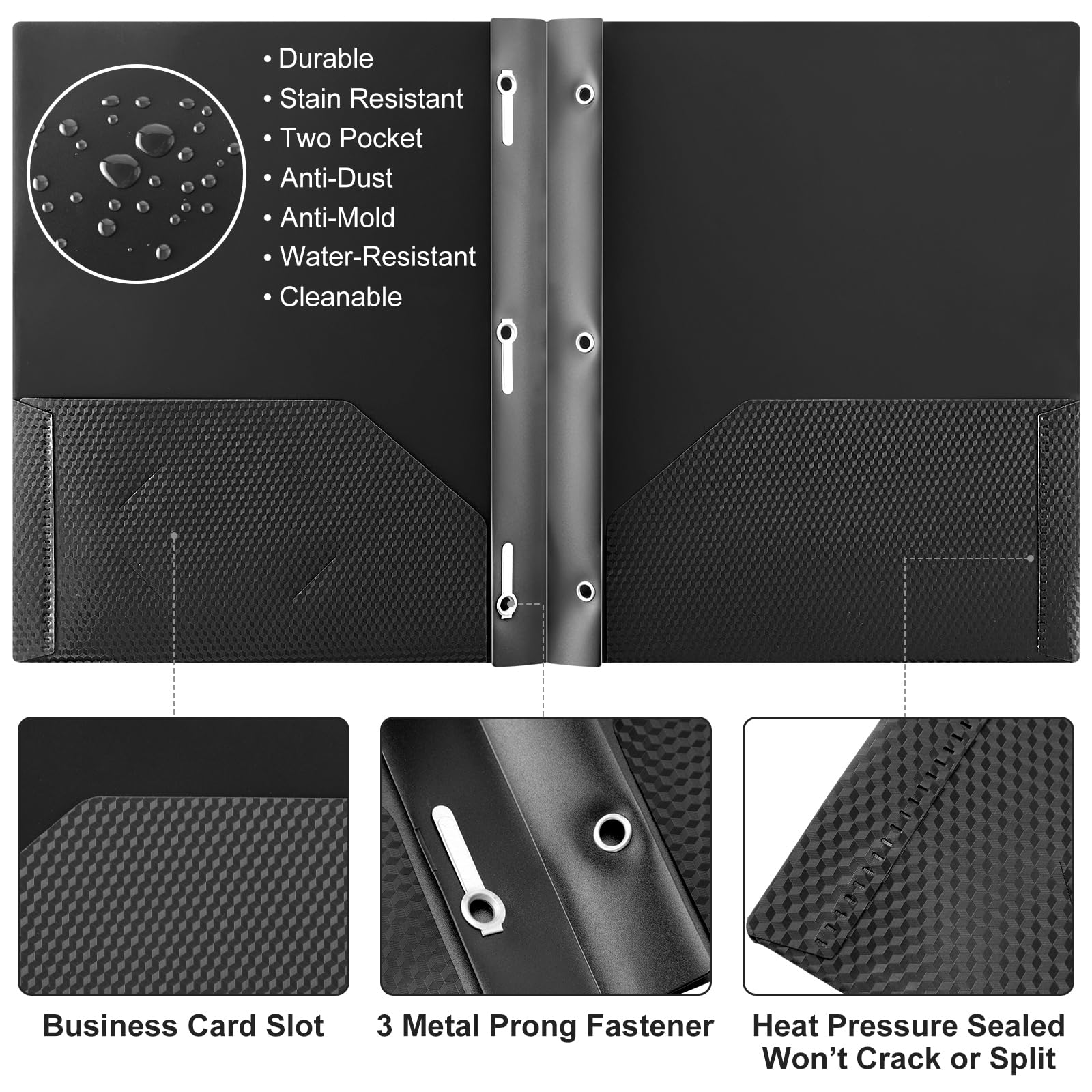 Patelai 48 carpetas de plástico con bolsillos y puntas, 2 carpetas de bolsillo resistentes con 3 puntas y cierres para oficina (negro, diamante)