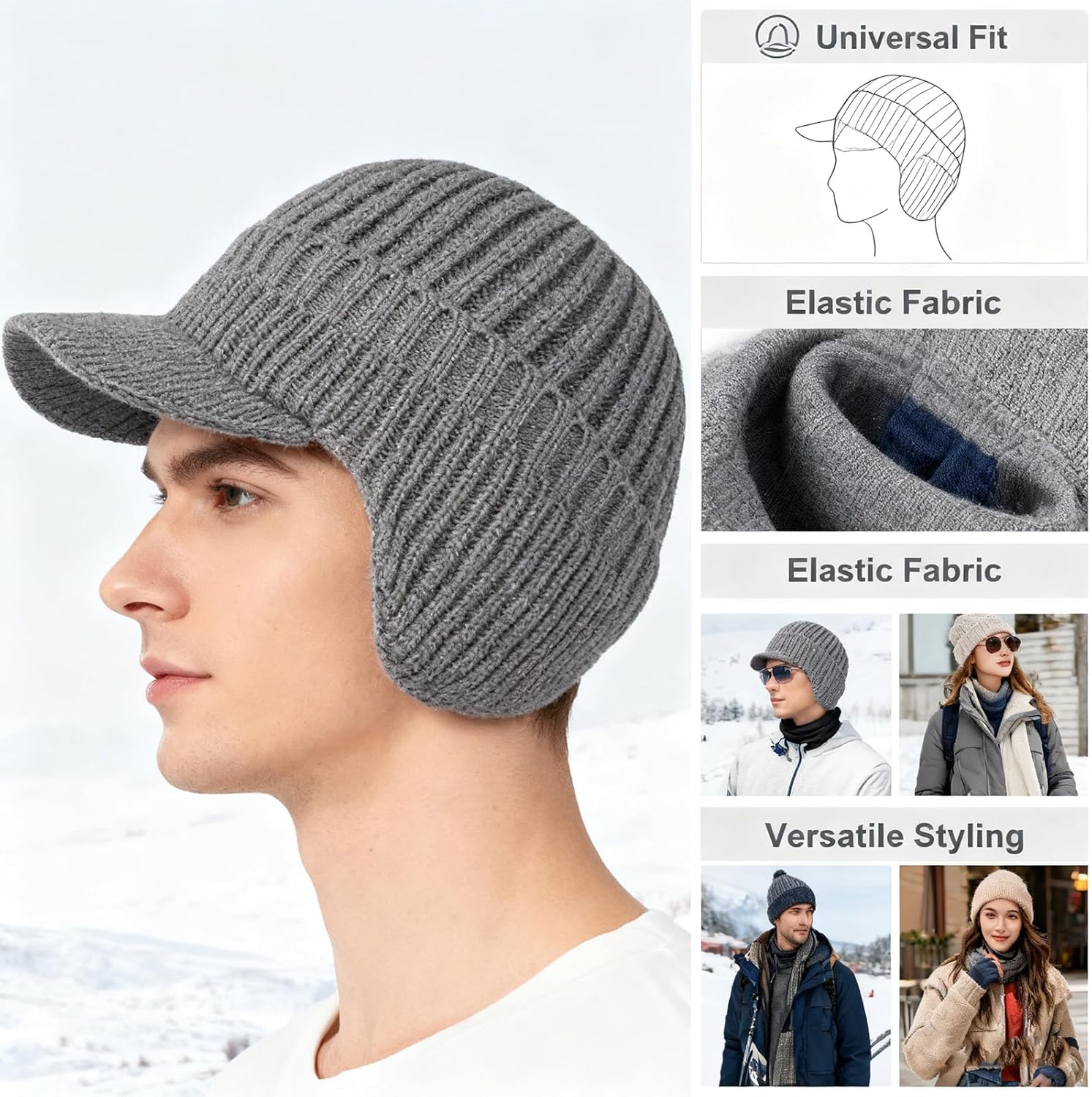 Head Beanie, with Sports Gloves, Winter Hat with Brim and Ear Flaps