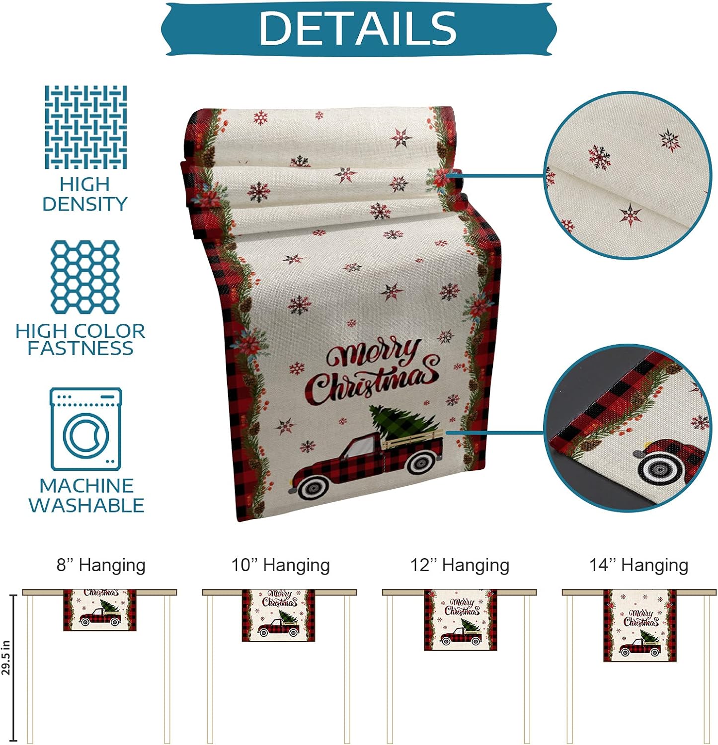 Merry Christmas Table Runner and Placemats Set of 6,Truck Pull Xmas Tree Heat Resistant Cotton Linen Dining Table Runner 90 Inch and Table Mats 6 Pcs Kits for Home Kitchen Decor-Buffalo Plaid Border