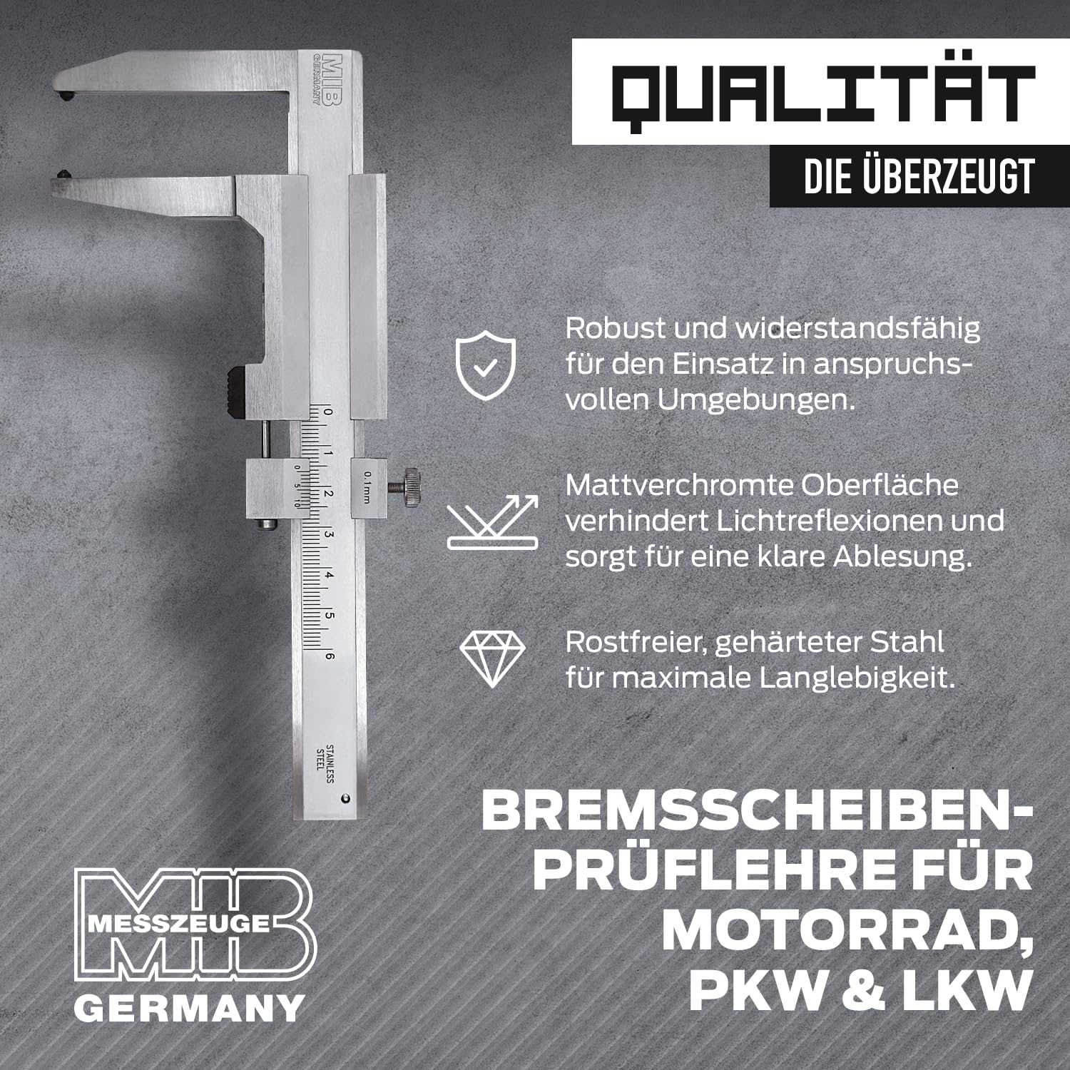 MIB Bremsscheiben-Messschieber | Präzise Bremsscheiben-Prüflehre 50mm | Messwerkzeug für Messlehre | Caliper | Schieblehre Metall | Rostfreier Stahl | Nonius 1/10 mm | Mattverchromter Ablesebereich