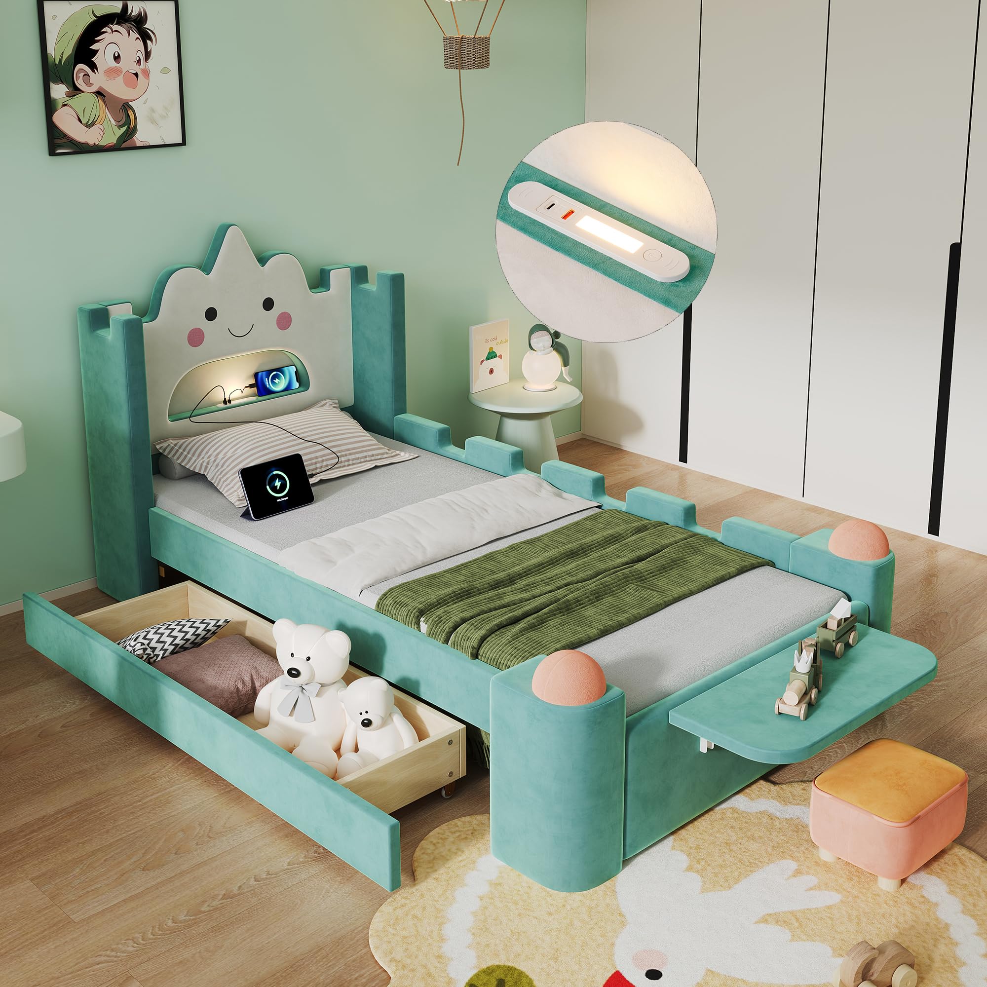 Cama infantil con protección contra caídas y almacenamiento para habitaciones pequeñas
