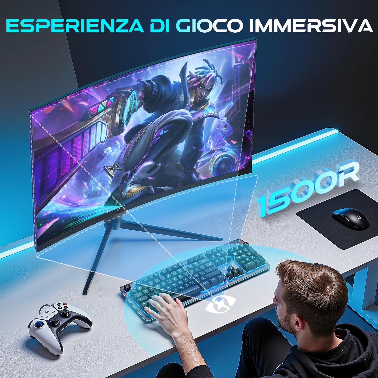 KTC Monitor Gaming Curvo 27 Pollici, 180Hz, 2K QHD 2560 x 1440p Schermo PC, VA 1500R Senza Cornice, 1ms, HDR, Computer Monitor con FreeSync & G-sync, Eye Care, VESA, DP 180Hz, HDMI 144Hz, H27S17
