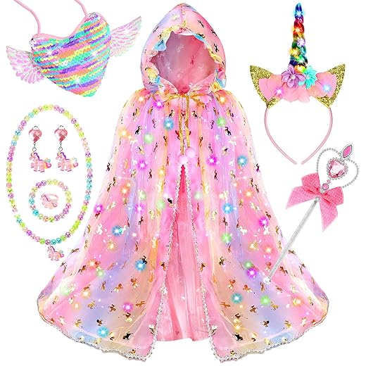 Fedio Princess Dress up for Girls,Unicorn Light up Princess Cape Set,Light up Princess Dress with Unicorn Toys for Girls 3-8