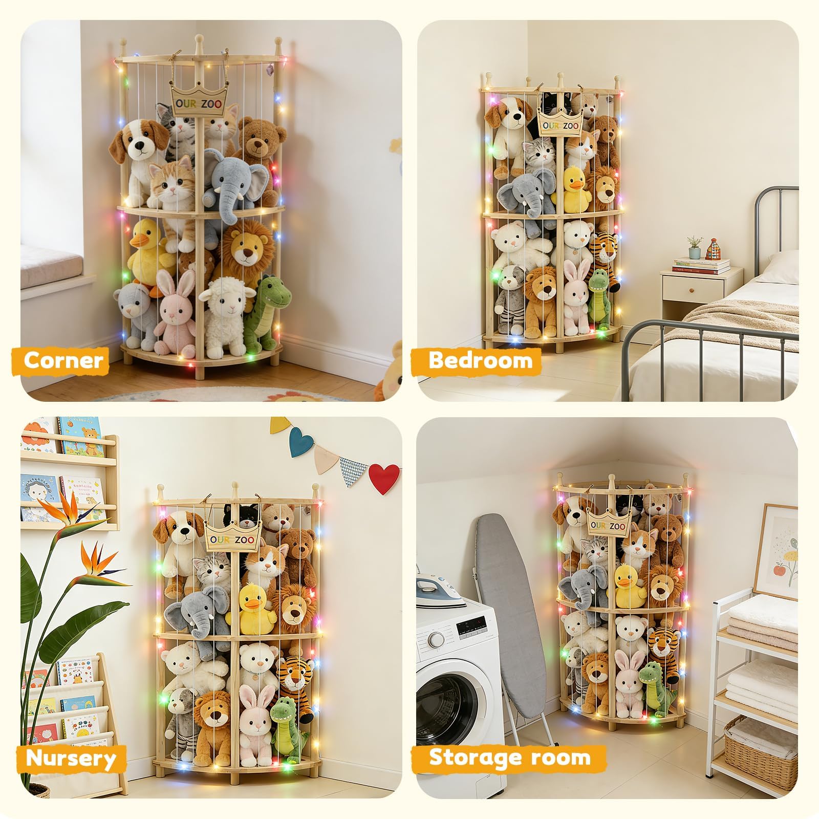 Angolo Porta Peluche 2 Ripiani in Legno Massivo con Luci LED, 96×44×44cm Organizzatore Senza Ruote, Supporto Peluche con Fascia Elastica per Cameretta Bambini, Sala Giochi & Soggiorno