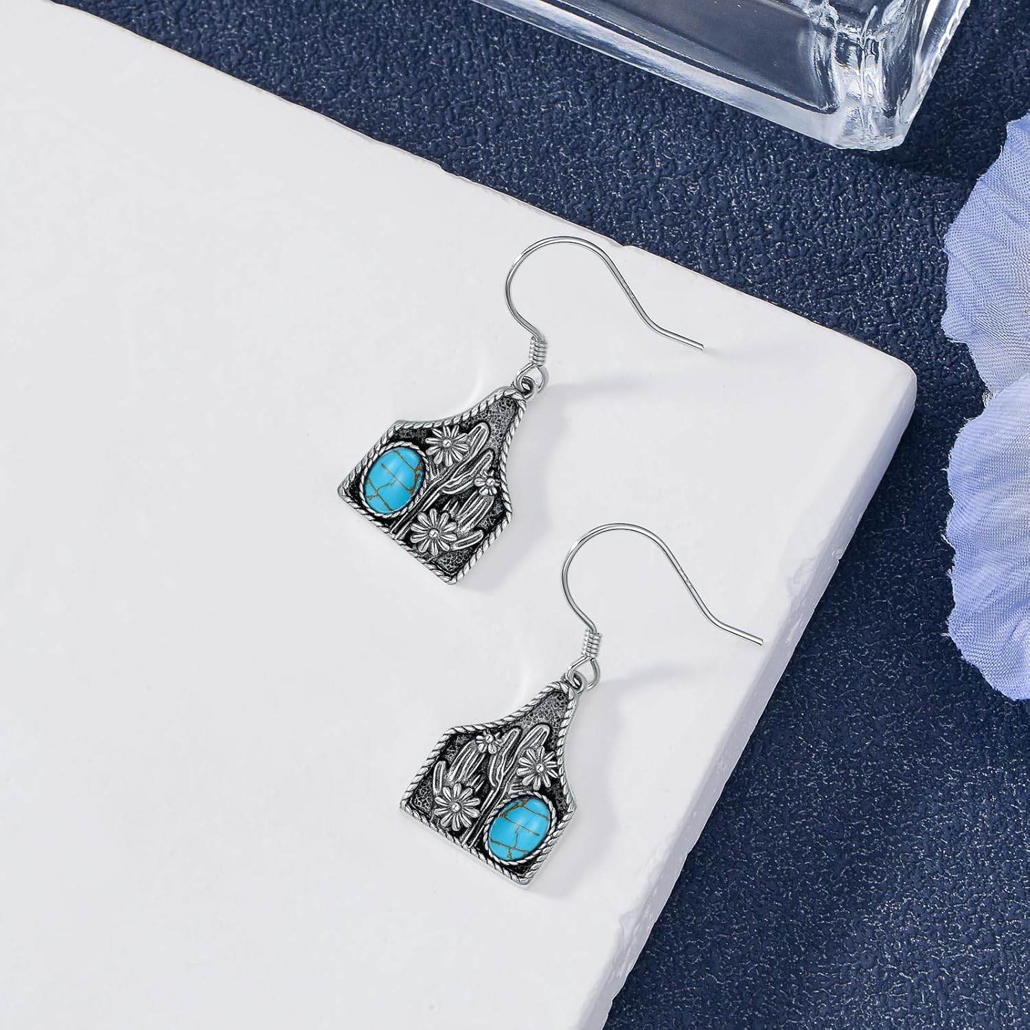 Turquoise Cow Tag Earring 925 Sterling Silver Real Oval Turquoise Cactus Cattle Tag Earrings Western Jewelry for Women Cowgirl - Image 2