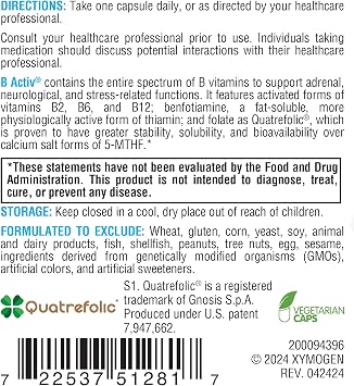 XYMOGEN Vitamin B Complex, B-Activ Activated B Vitamins, 30 Capsules