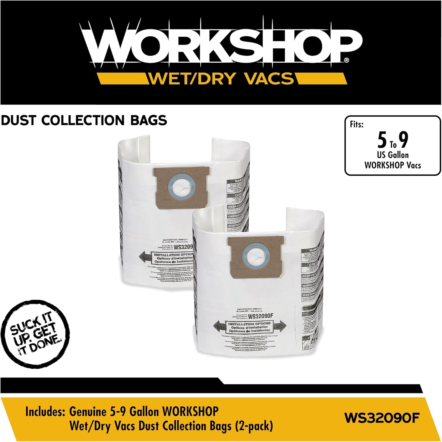 WORKSHOP Wet/Dry Vacs Filter Bags WS32090F Fine Dust Collection Shop Vacuum Bag (2 Dust Bags), Bag Filter Contains Debris for WORKSHOP 5-Gallon to 9-Gallon Wet Dry Shop Vacuum Cleaners