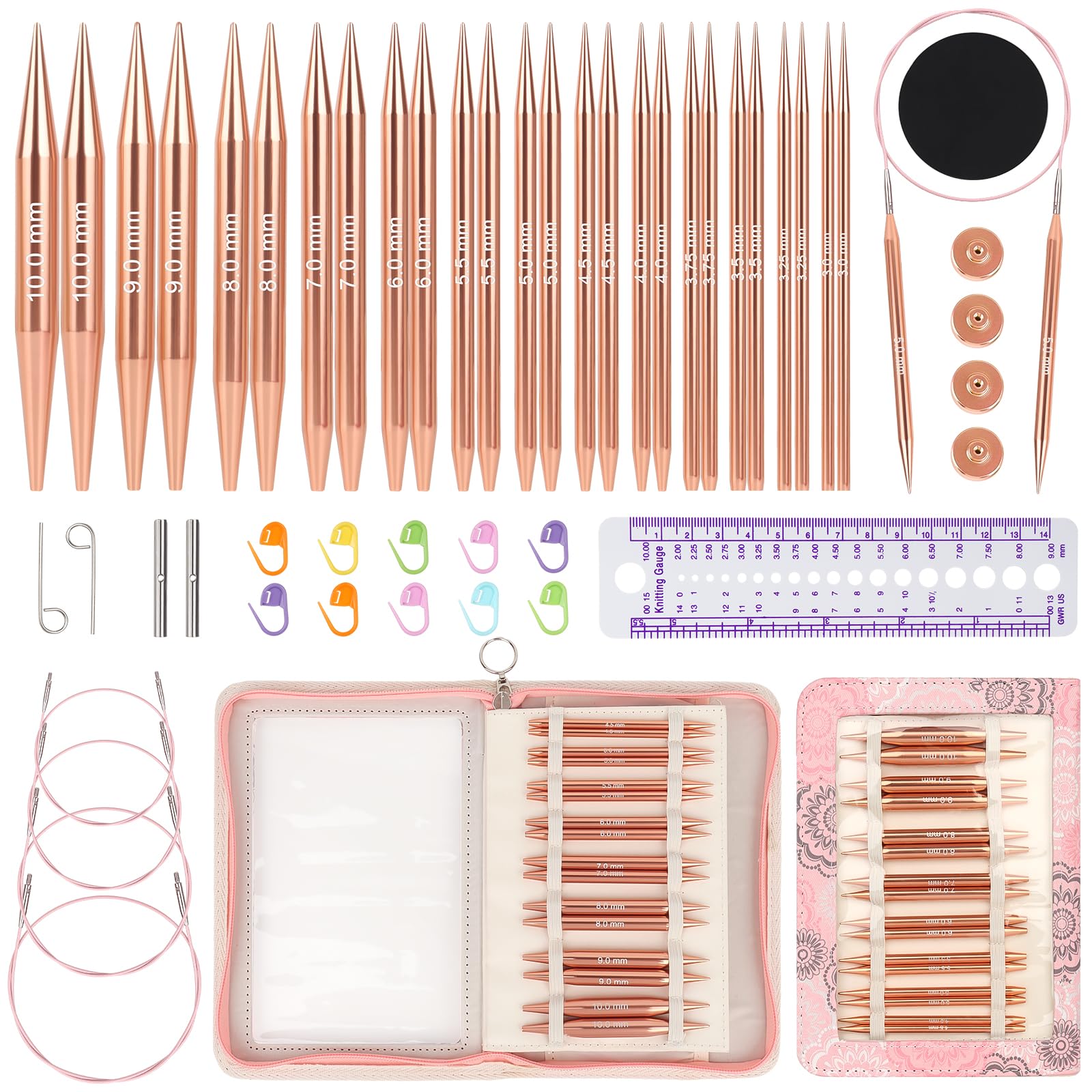 Aeelike Austauschbares Stricknadel-Set, 13 Paar Aluminium-Rundstricknadeln (3,0 mm - 10,0 mm) mit 4 flexiblen Kordeln für Spitzensocken und sperrige Projekte, Reise-Weberei, Geschenk-Set