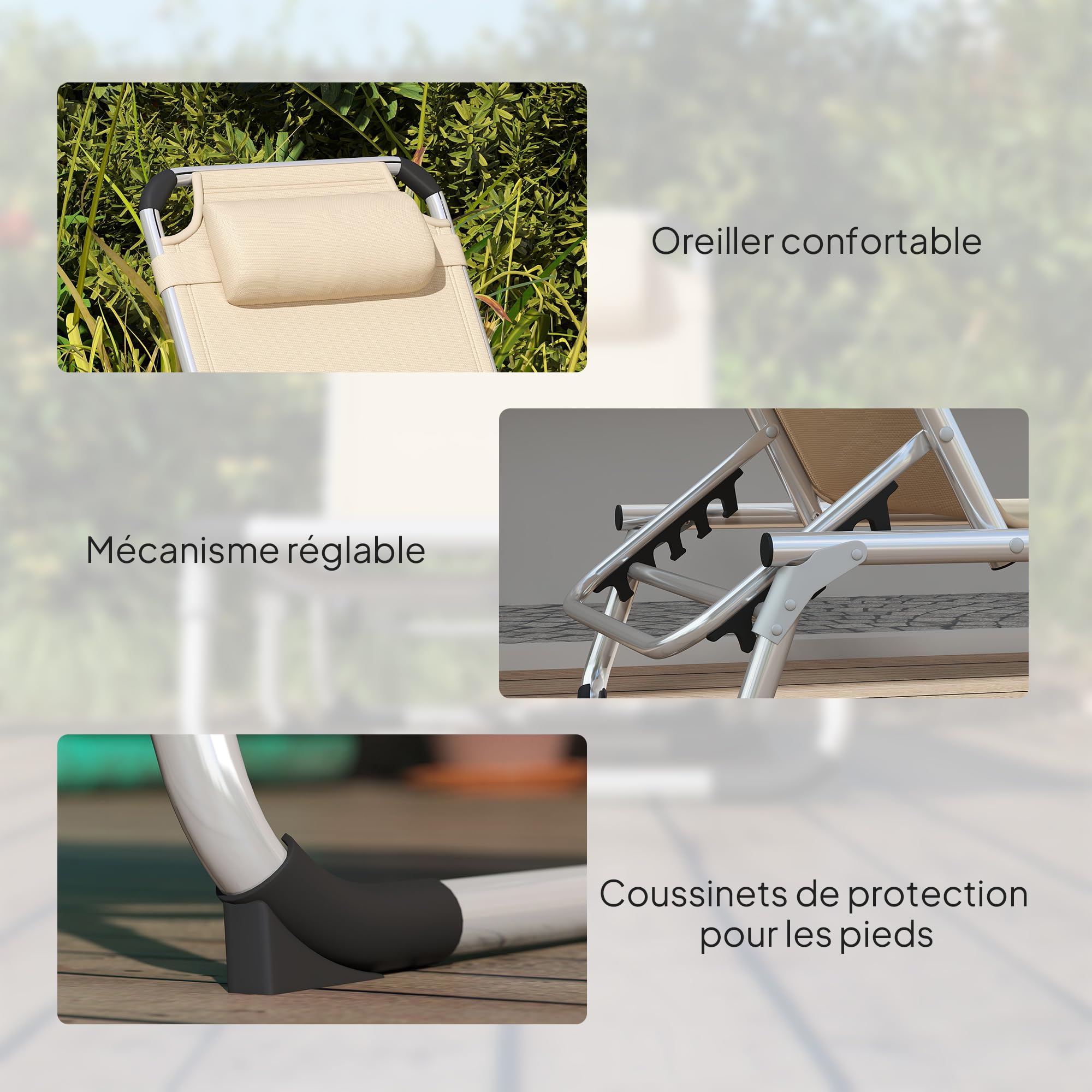 Outsunny Bain de Soleil Lit de Plage Aluminium 2x1,5x2,3m Beige