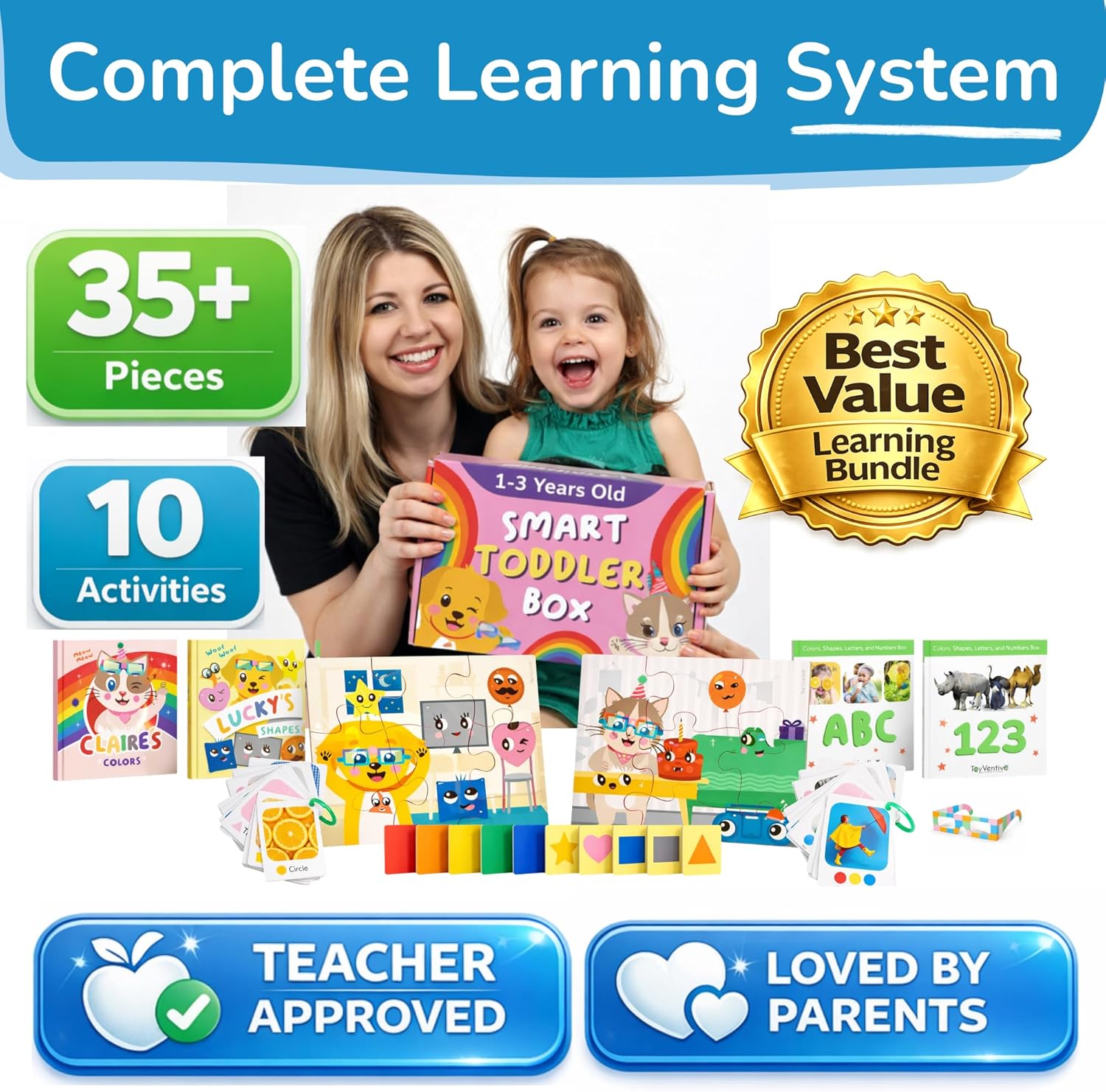 TOYVENTIVE Books, Toddler Flash Cards, and Puzzles – Educational Toys and Birthday Gifts for 1, 2, 3 Year Old Girl, Preschool Learning Activities and Games, Colors, Shapes, Letters, Numbers