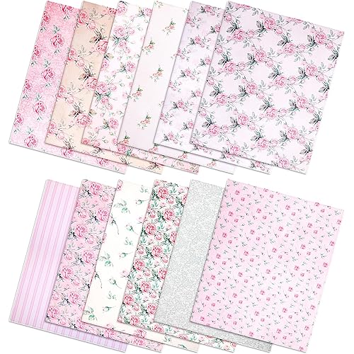 12 Pieces Floral Cotton Fabric Bundles, 18 X 22 Inch Pink Rose Flower Quilting Square Fabric Retro Printed Fat Quarters Patchwork Sewing Fabrics for DIY Crafts Handmade Sewing Home Party Decor
