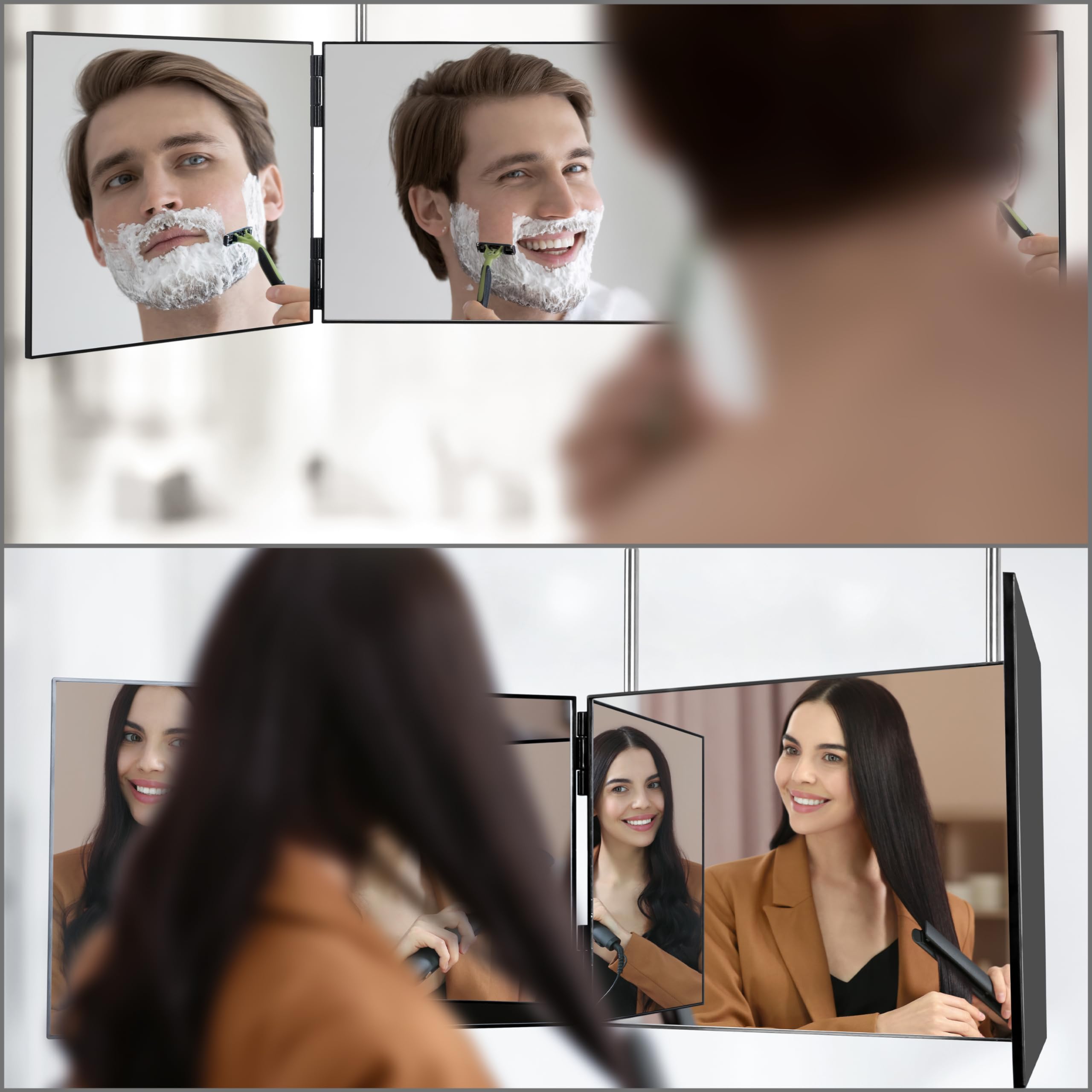 Winter Shore Espejo Cortar Pelo Solo de 3 Vías - Espejo 360 Grados para Peinar, Afeitar la Barba, Secar, Trenzar - Altura Ajustable sobre la Puerta con Ganchos Telescópicos - Espejo de Viaje Compacto