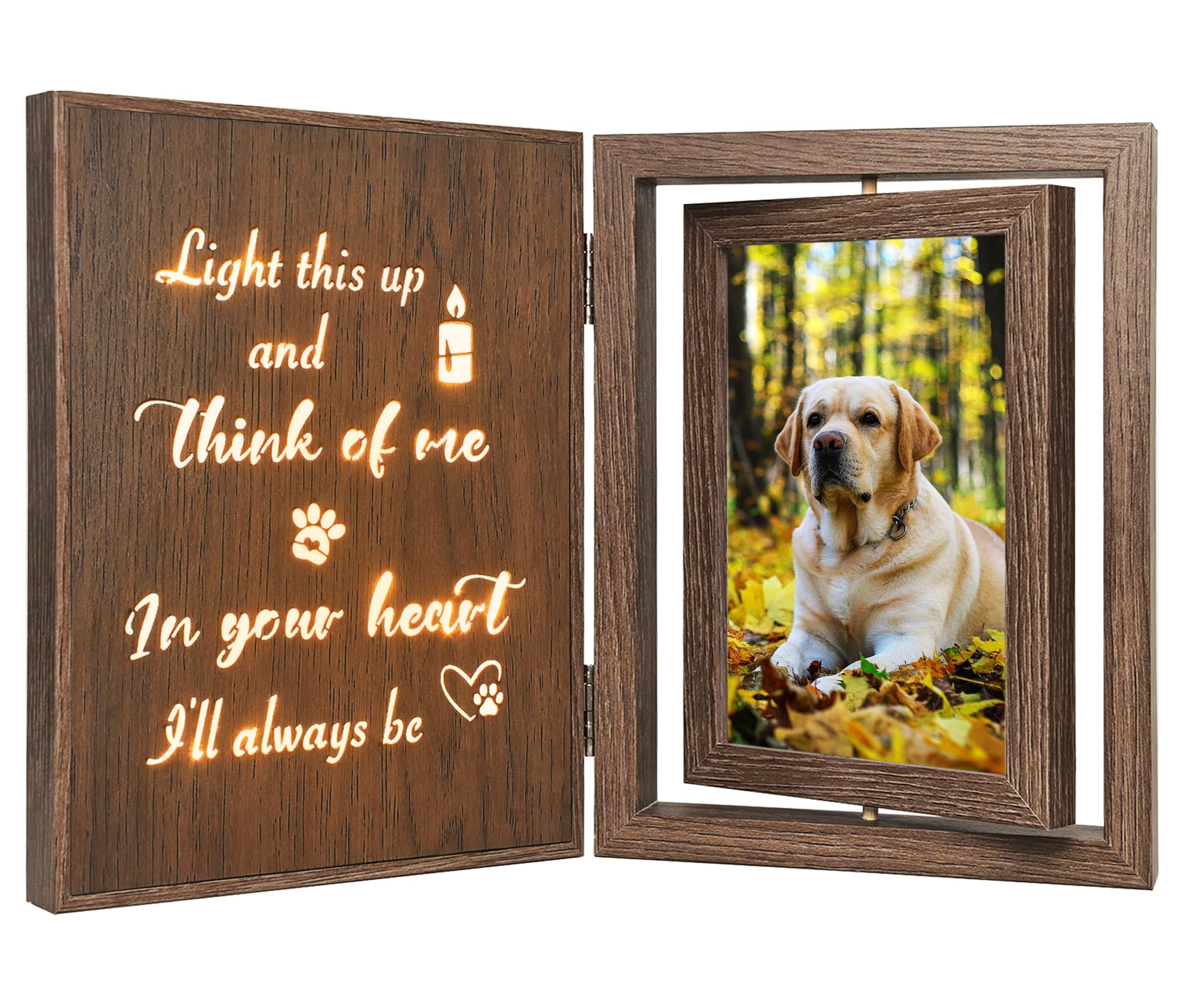 Cadre photo deuil chien et chat lumineux | Hommage éternel en bois rotatif