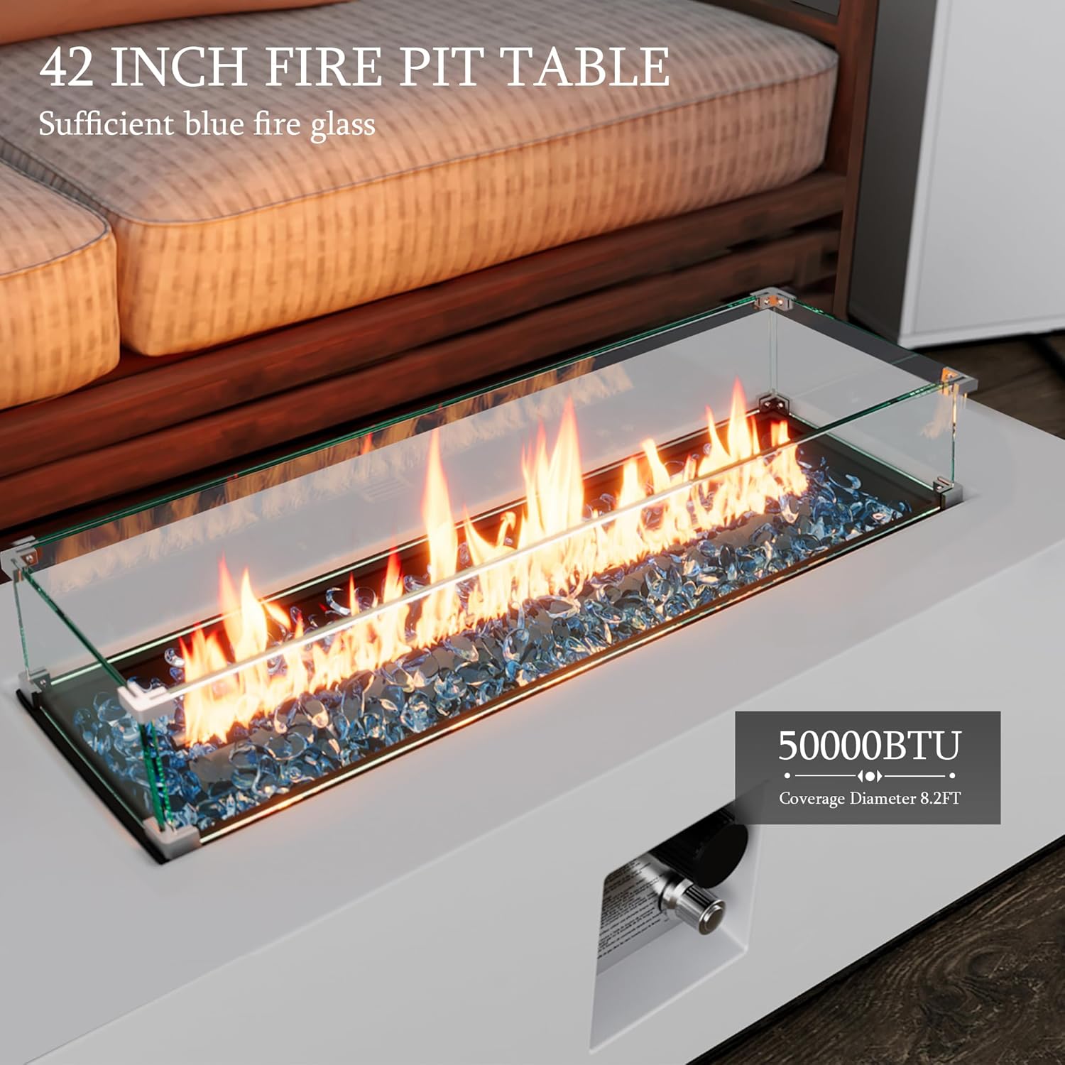 UPHA 42-inch Outdoor Propane Gas Fire Pit Table 50000 BTU Iron Rectangle Firepit for Outside Patio with Tank Hidden Table, Wind Guard, Removable Lid, Gold Glass Rocks, Rain Cover, White