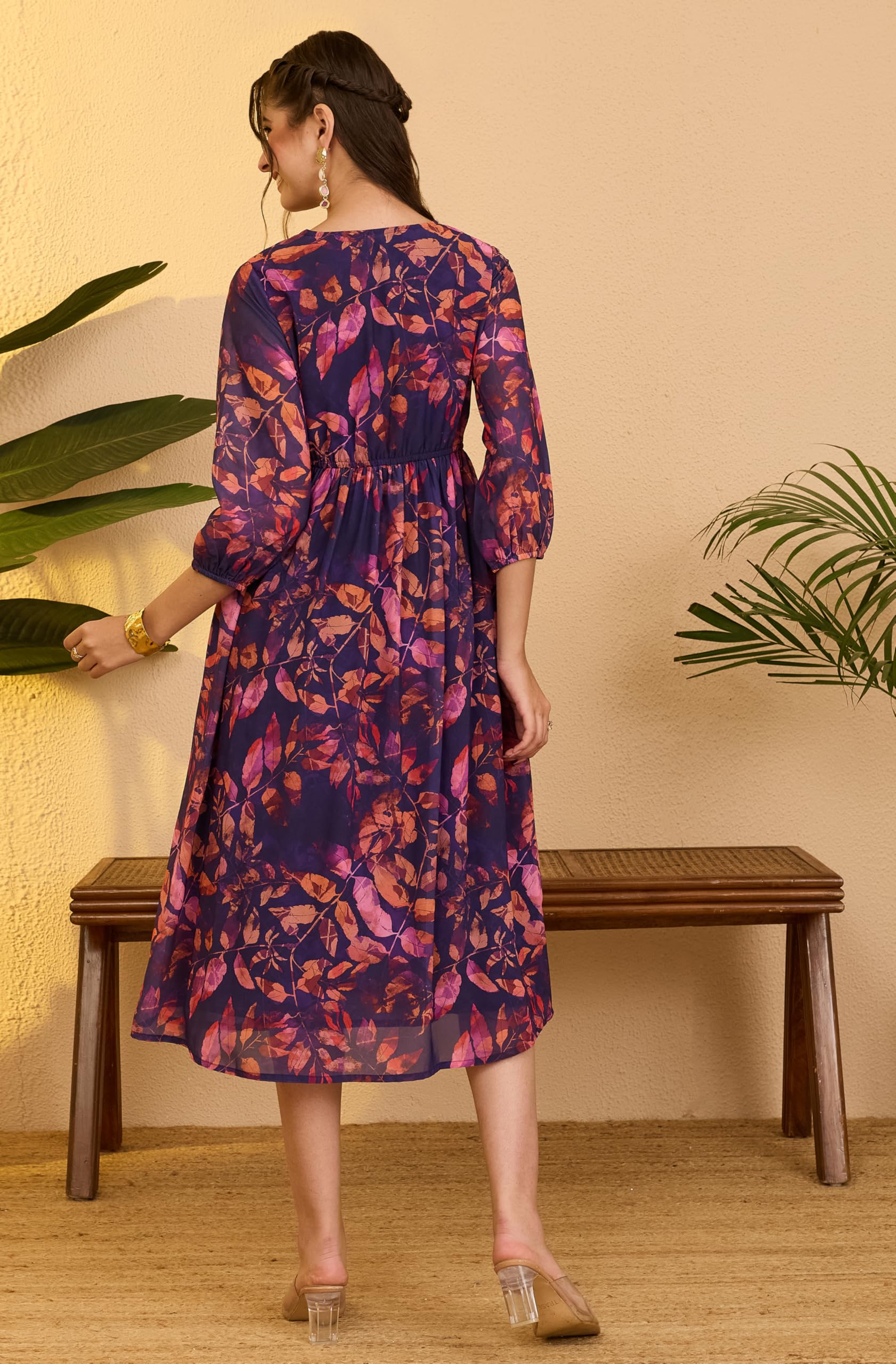 Janasya Abito da donna in georgette viola con stampa botanica