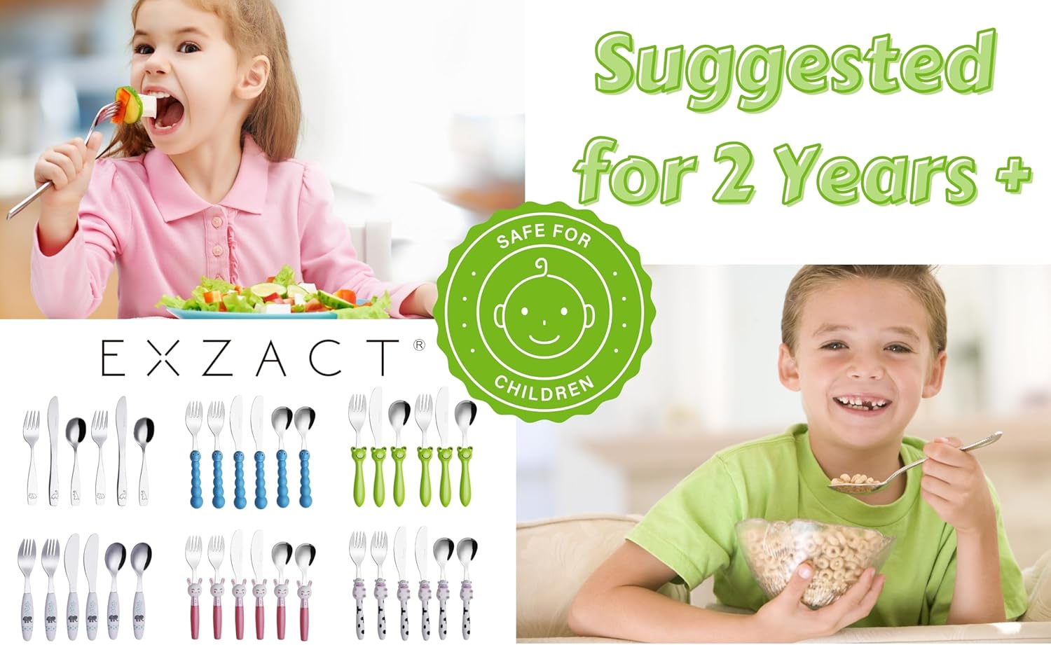 Exzact Children's Flatware Kids Silverware 18pcs/Toddler Utensils - 6 x Forks, 6 x Dinner Knives, 6 x Spoons - Dishwasher Safe - Engraved Dog Cat Bunny