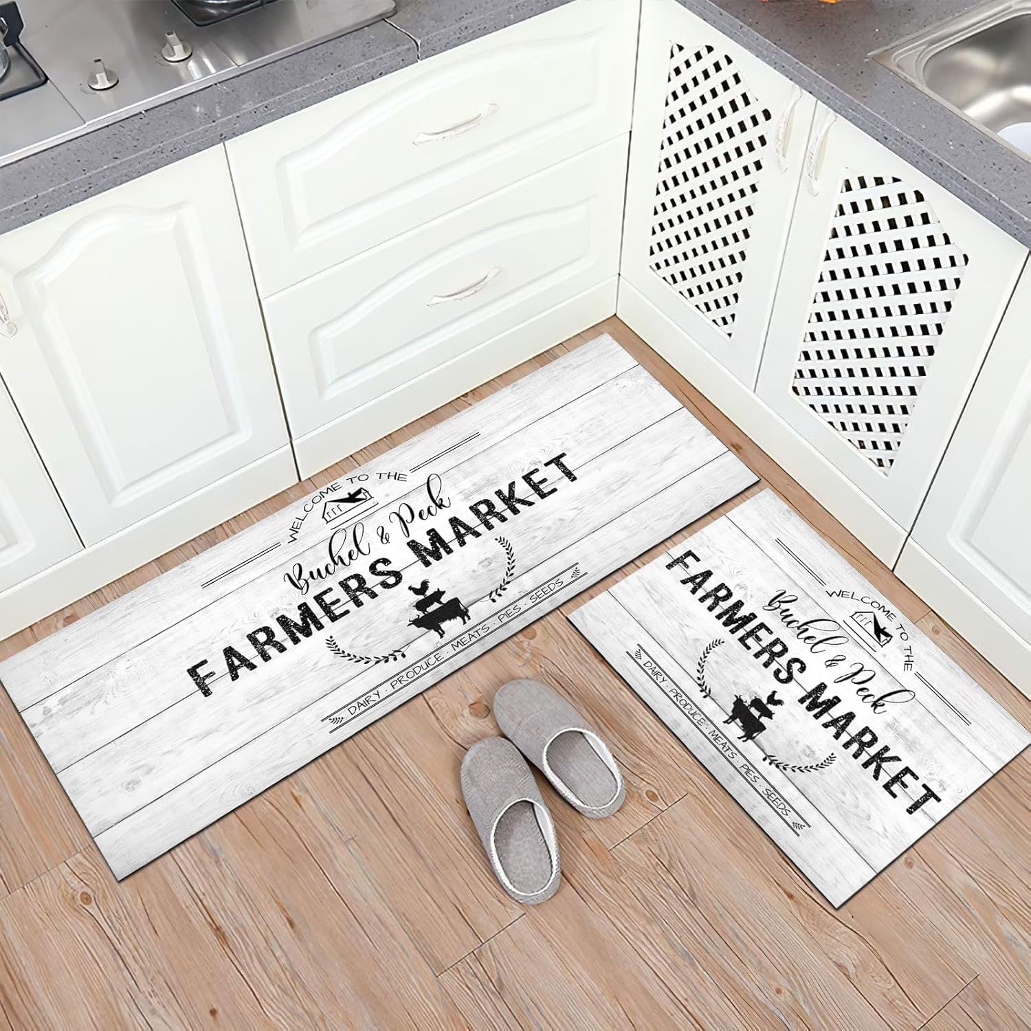 Farmhouse Kitchen Rugs Set of 2 Non Slip Thick Kitchen Mats for Floor Comfort Standing Mats for Kitchen, Office, Laundry, Farm Kitchen Decor, 17"x47"+17"x28"
