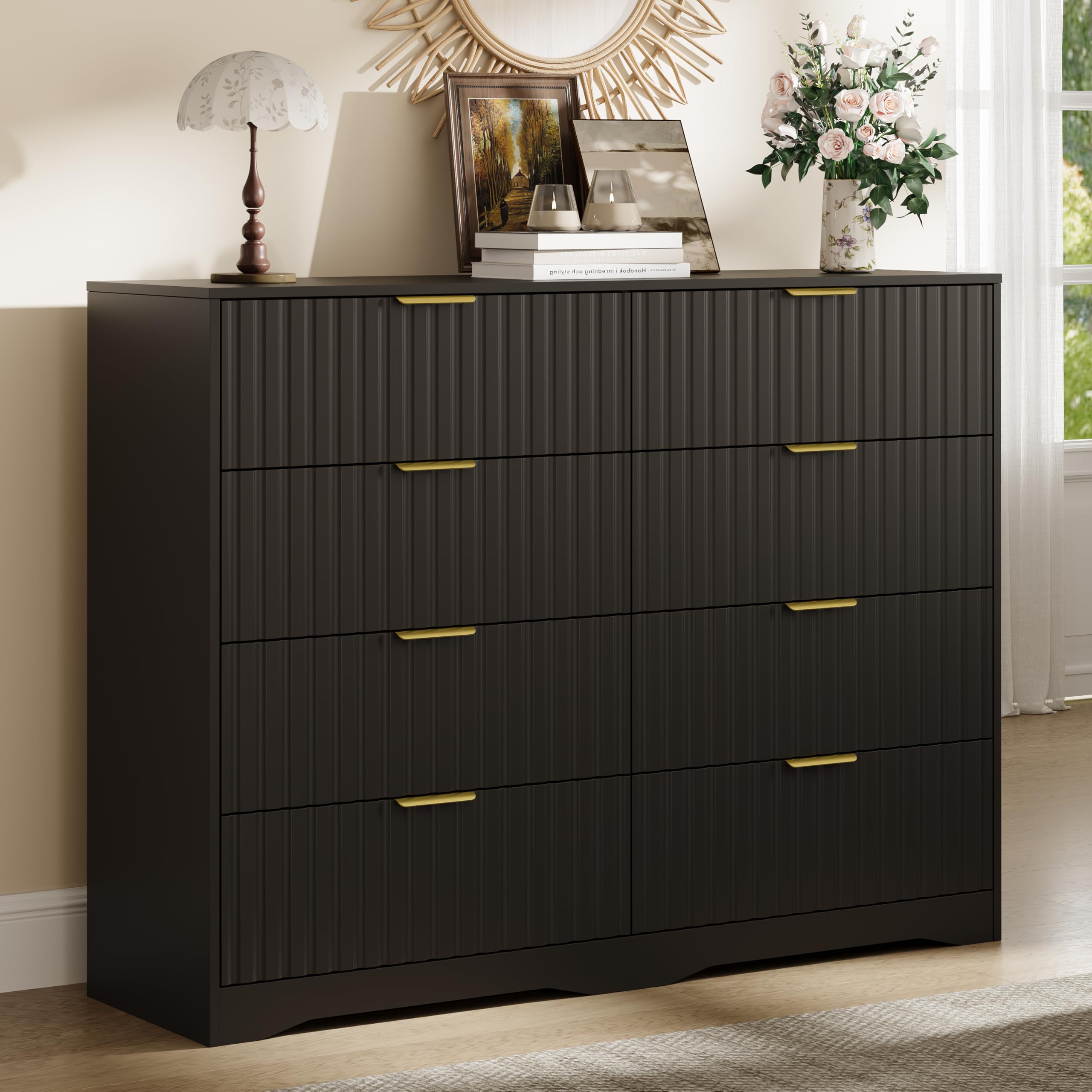 Fluted 8 Drawer Dresser for Bedroom,Tall Chest of Drawers,Black