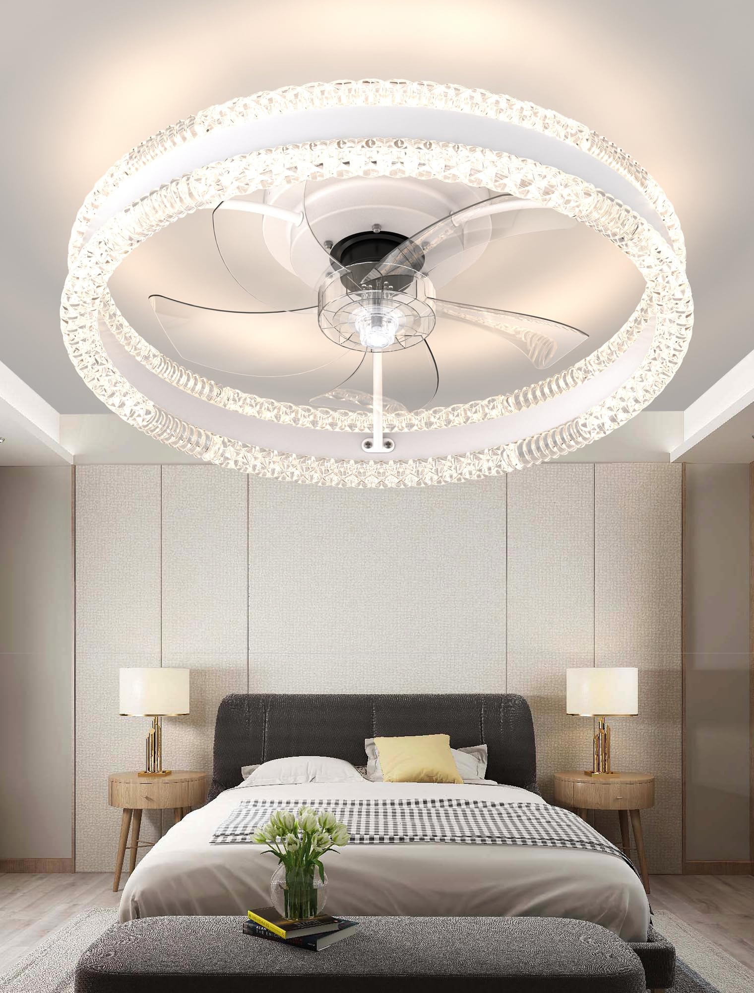 INRFHFU Low Profile Ceiling Fan with Light, Flush Mount Ceiling Fan with Lights, 19.7" Timing and Dimmable LED Fan Light, 6 Wind Speed 5 Reversible Invisible Blades - White