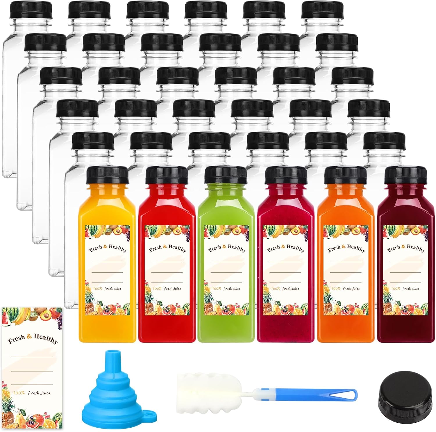 Moretoes 128pcs 12oz Juice Bottles, Plastic Juice Bottles with Caps, Reusable Drink Containers for Juicing, Smoothie and Other Beverages