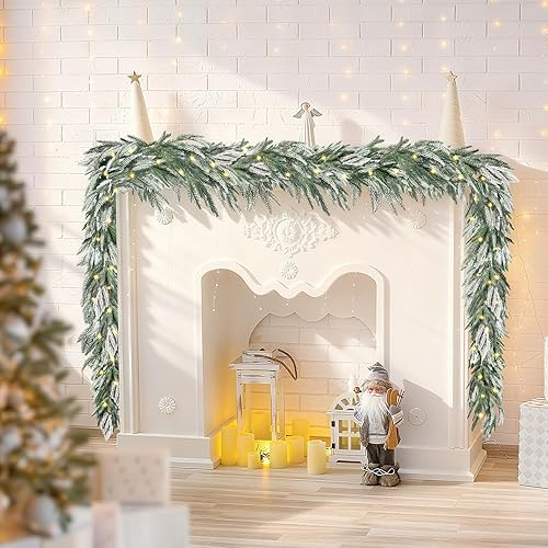 Miniatura 2 de Guirnalda de Navidad de tacto real con luces, guirnalda de pino Norfolk nevado con 30 luces LED cálidas con temporizador con 8 modos, guirnalda de