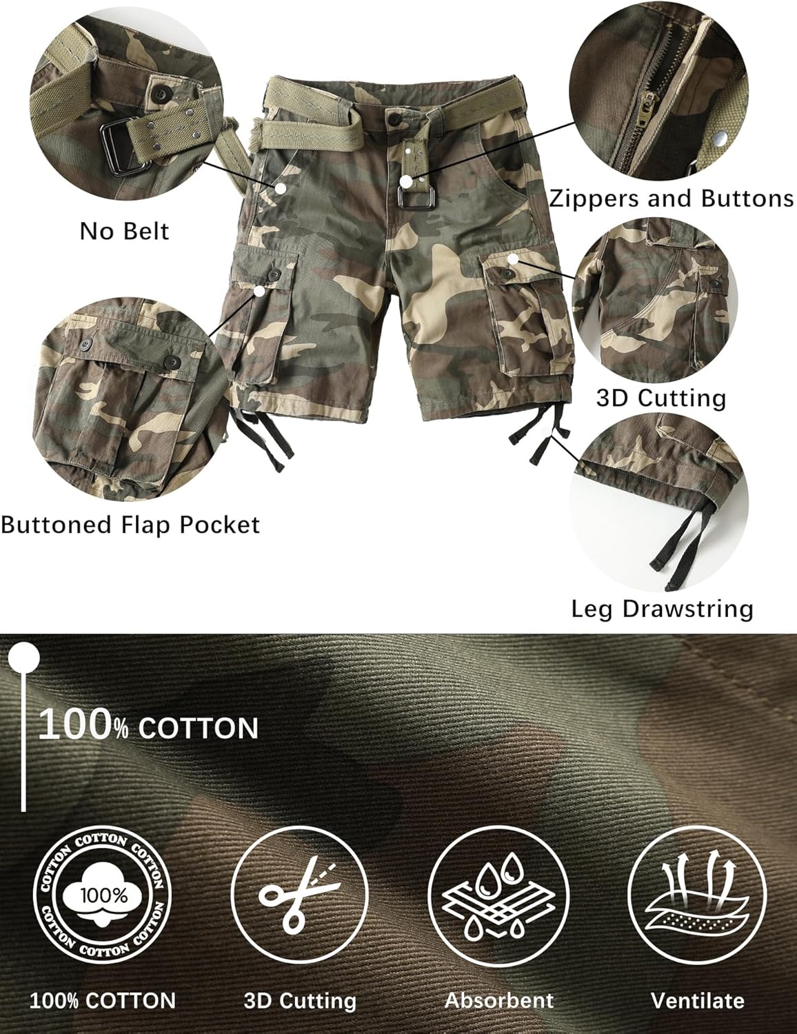 Camo Cargo Shorts for Men Cotton Casual Wild Outdoor Work Relaxed Fit Shorts with Multi-Pockets - Image 3