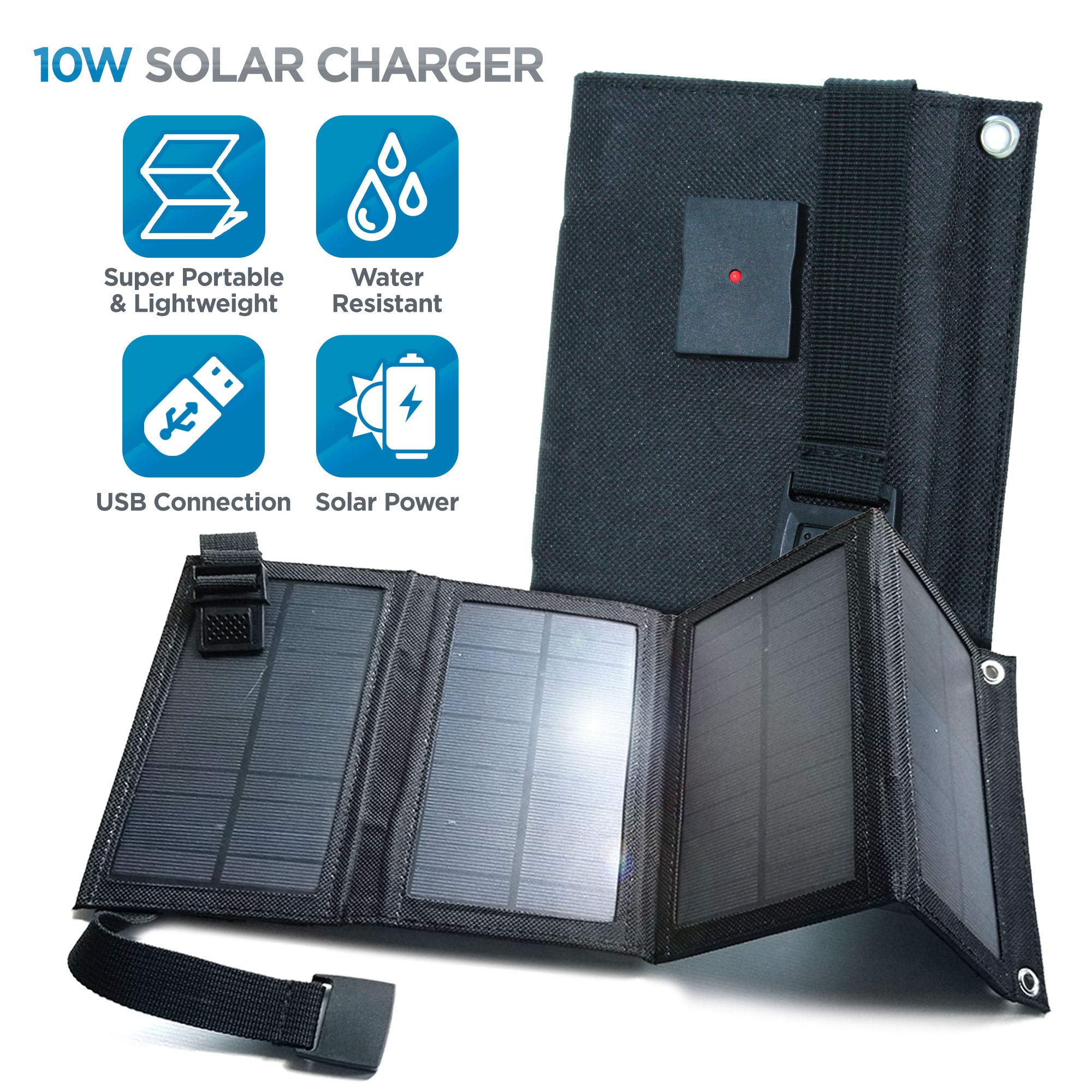 Ultra-Portable & Powerful 10W Solar Charger - Lightweight, Rugged & Water Resistant – Off-Grid USB Power for Compatible iPhone Xs XS Max XR X 8 7 Plus, iPad, Galaxy S9 S8 Note 8 and More (Black)