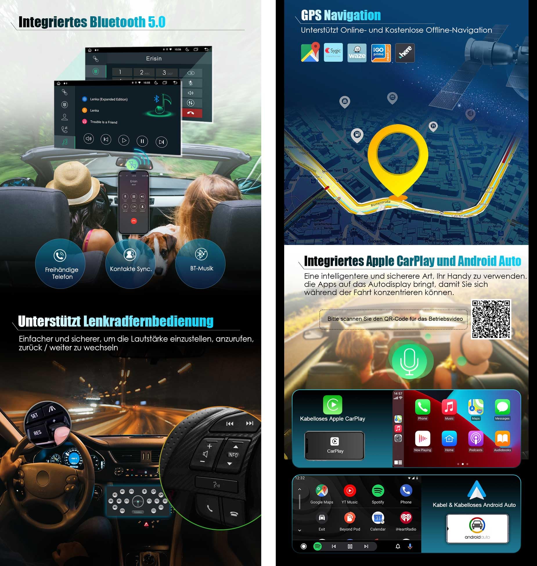 Erisin 7 Zoll 8-Kern 4GB+64GB Android 14 Autoradio Bluetooth mit GPS Navi Für VW Passat B6 Golf 5 Golf 6 T5 Touran Tiguan Polo Jetta Seat Skoda CarPlay Android Auto WiFi DAB+ OBD2 RDS OPS CD DVD USB