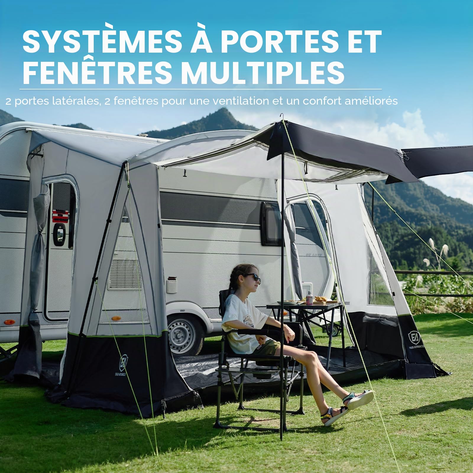 EVER ADVANCED Auvent de caravane 350 x 260 x 245 cm pour camping-car avec 2 fenêtres, porte latérale, grande porte comme toit, auvent de voyage en polyuréthane 3000 mm imperméable pour les voyages, la