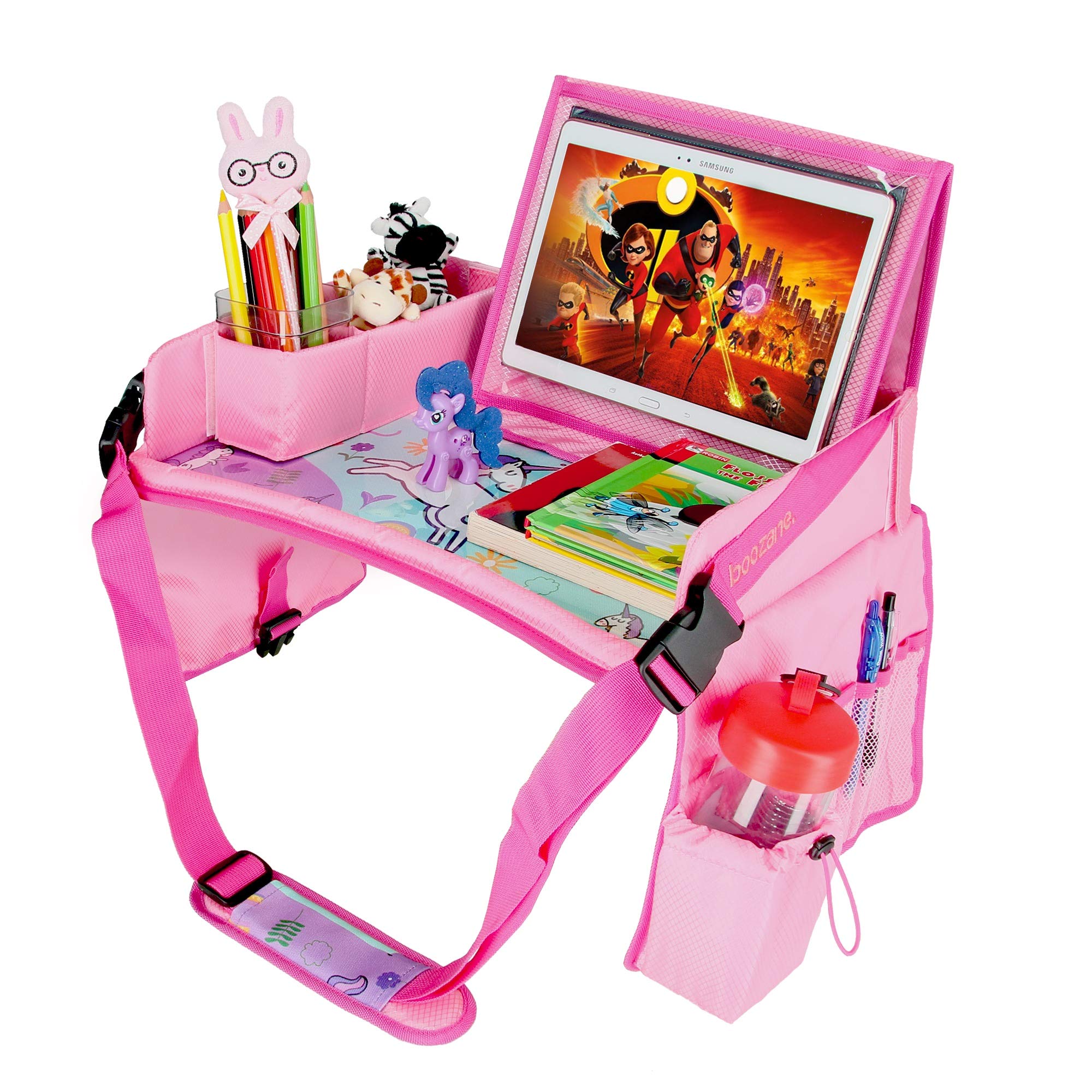 Kids Travel Tray - New Upgraded Soft-Touch Material with Anti-Slip Tray Bottom That fits with Any Types of Travel Including Plane, Train and car (Pink)