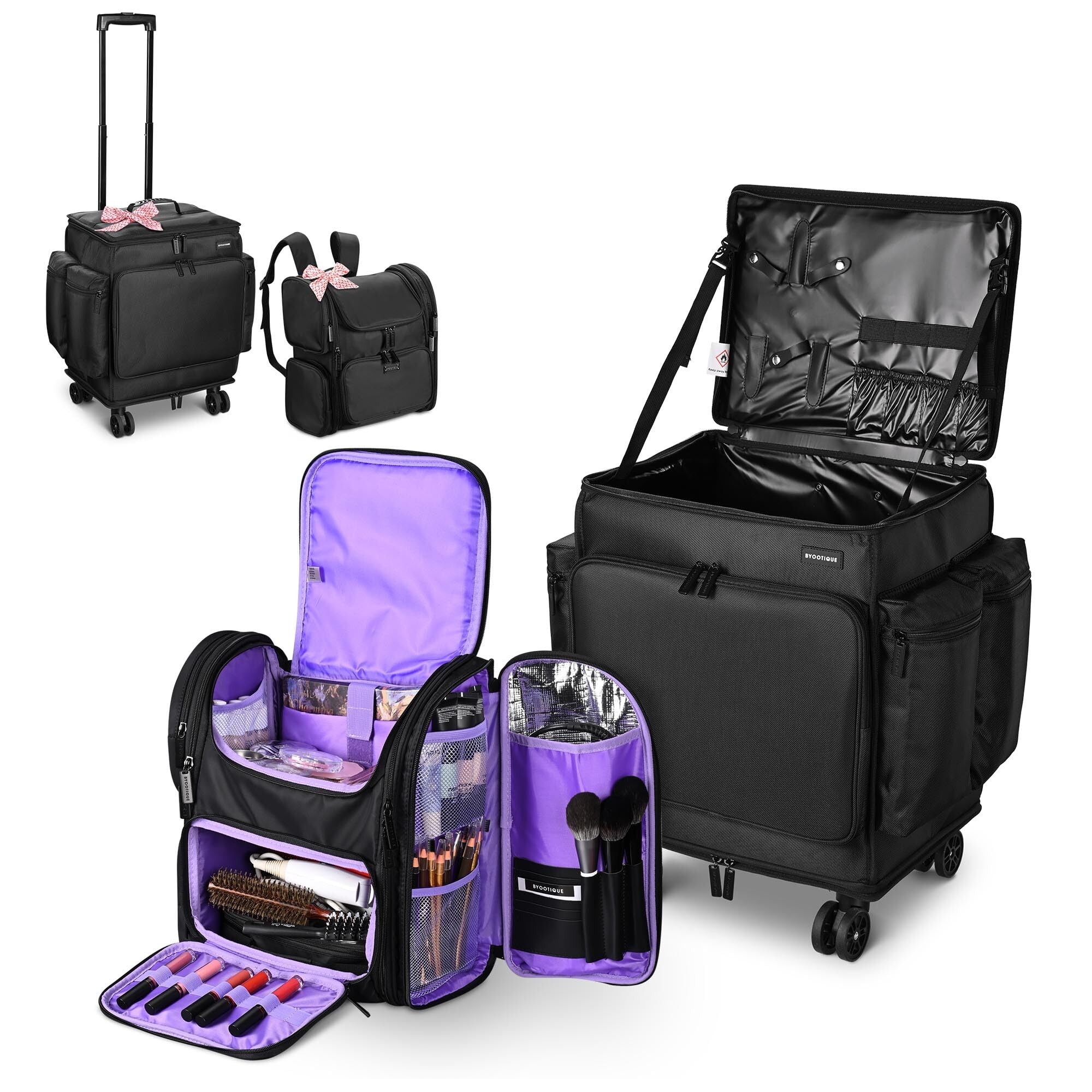 BYOOTIQUE Rolling Makeup Train Case with Backpack Travel Cosmetic Storage