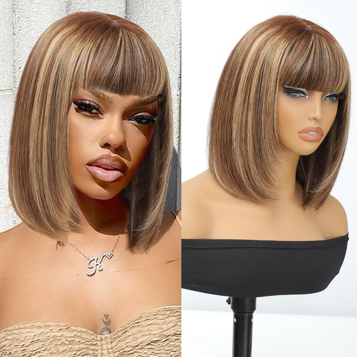 Civrie Layered Highlight 4/27 12 Inch Glueless Bob Wig Human Hair, Straight Bob Wig with Bangs for Daily Wear,2.5x1 Inch Bob Lace Front Wigs Human