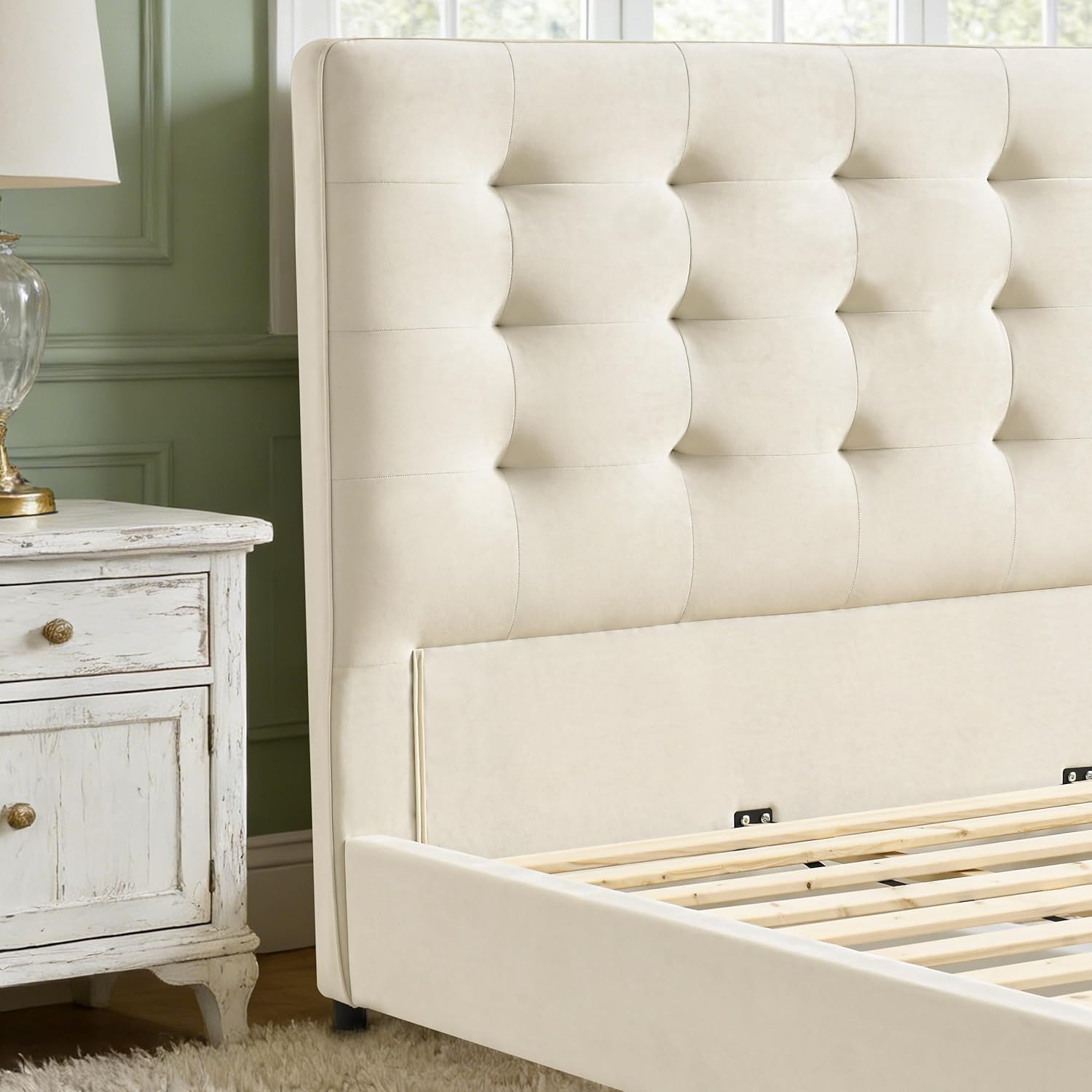 Queen Size Bed Frame Upholstered Platform with Button Tufted Velvet Breathable Headboard Stainless Steel Legs, No Box Spring Needed, Easy Assembly, Cream White | Breathable, Button Tufted Velvet, Headboard, Solid Wood Slats, Stainless Steel Legs, No Box Spring Needed