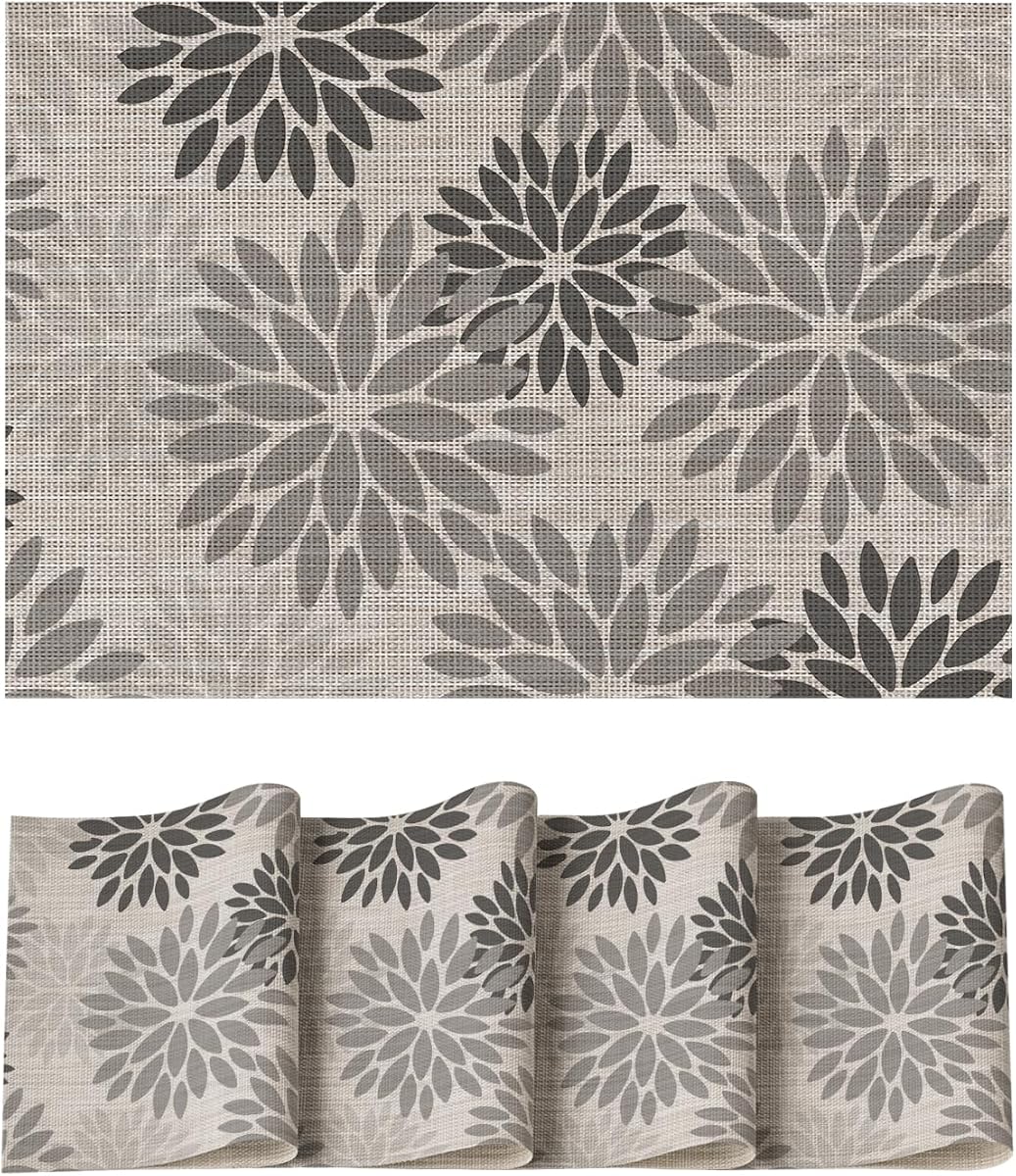 Floral Vinyl Plastic Placemats Set of 4, 12x18 Inch Washable Non-Slip PVC Place Mats for Party Kitchen Dining Decor, Grey