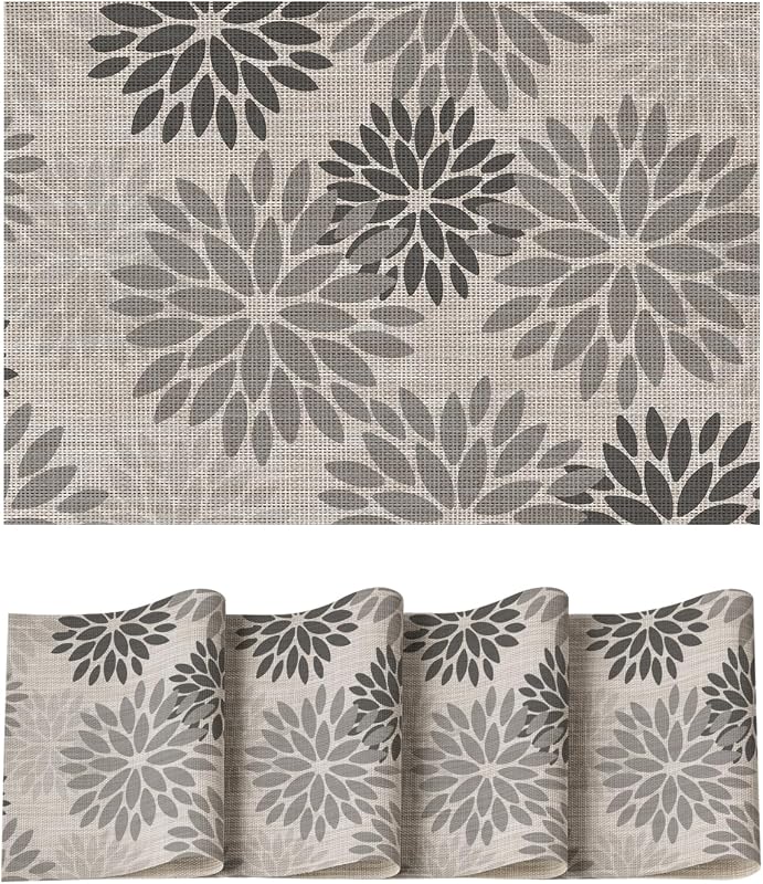 Floral Vinyl Plastic Placemats Set of 4, 12x18 Inch Washable Non-Slip PVC Place Mats for Party Kitchen Dining Decor, Grey