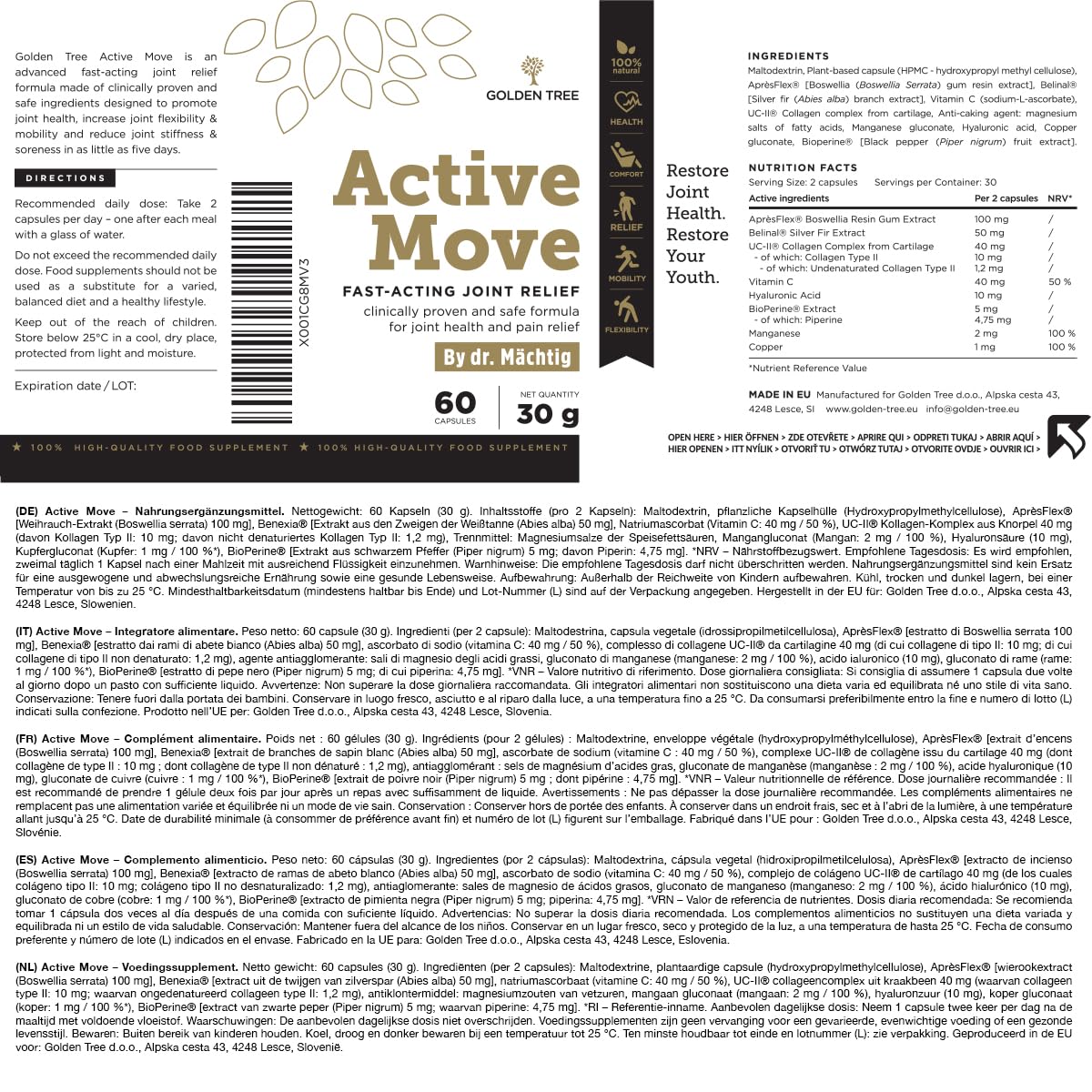 Golden Tree Active Move – Integratore Articolazioni con Boswellia, Acido Ialuronico, Collagene UC-II e Vitamina C – Capsule Supporto Articolare – 60 Capsule