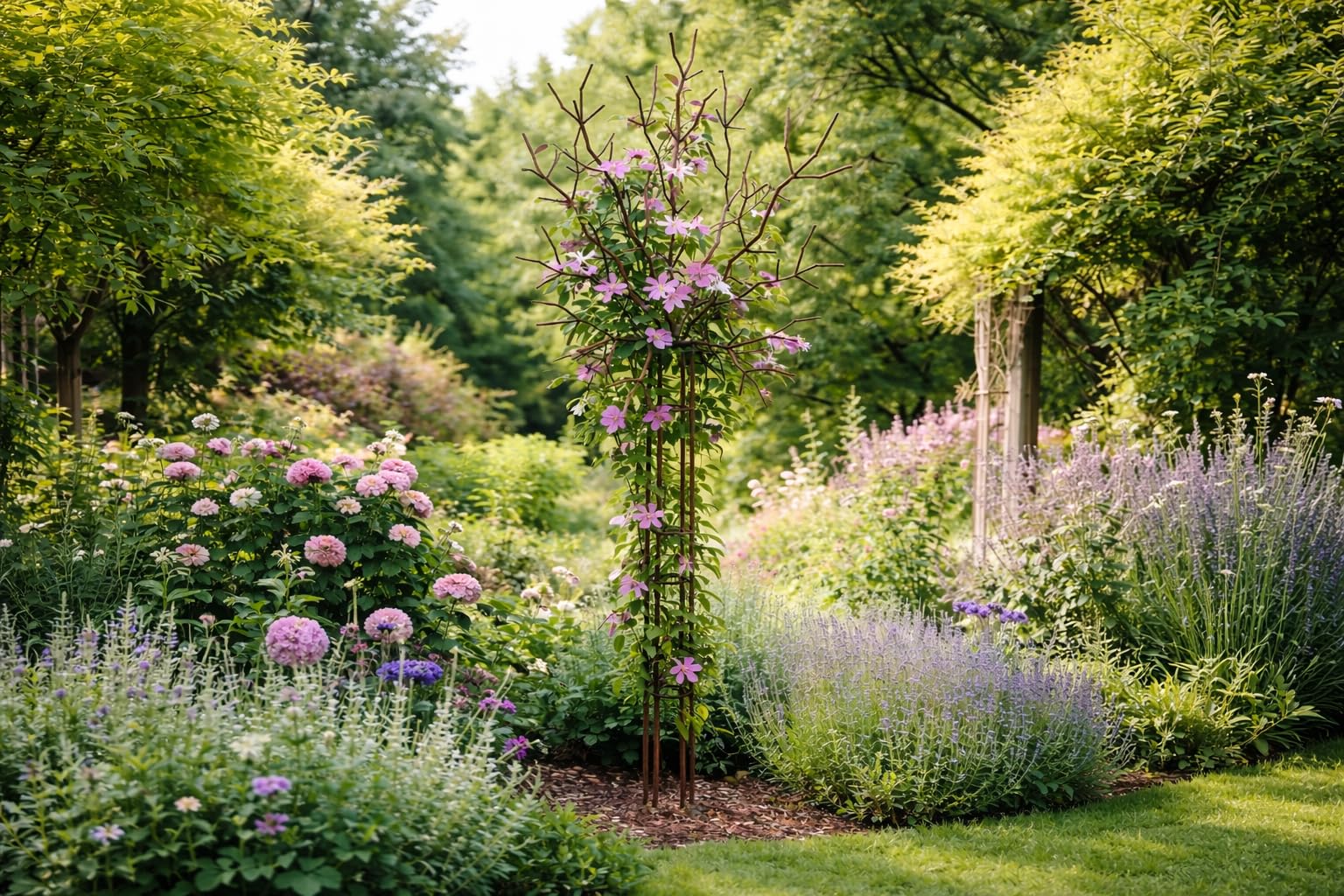 Rankturm aus Eisen Edelrost 215 cm – Rankhilfe Baumform für Clematis & Rosen – Metall Rankobelisk Garten – Gartendeko Rost