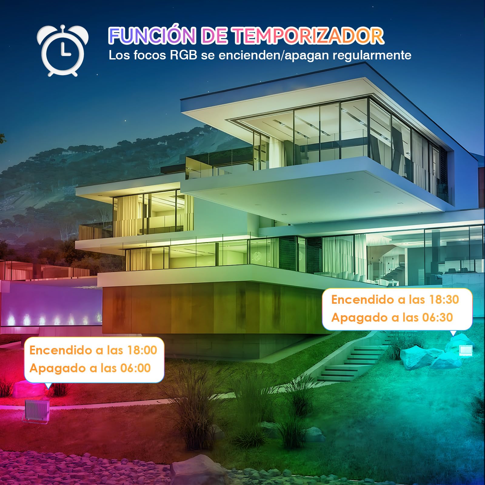 2 Piezas Foco LED RGB Exterior 100W, Regulable Foco LED con APP Bluetooth y Mando a Distancia 2.4G, IP66, 16 Millones de Colores DIY, Para Jardín, Fiestas, Pascua, Halloween, 15000LM